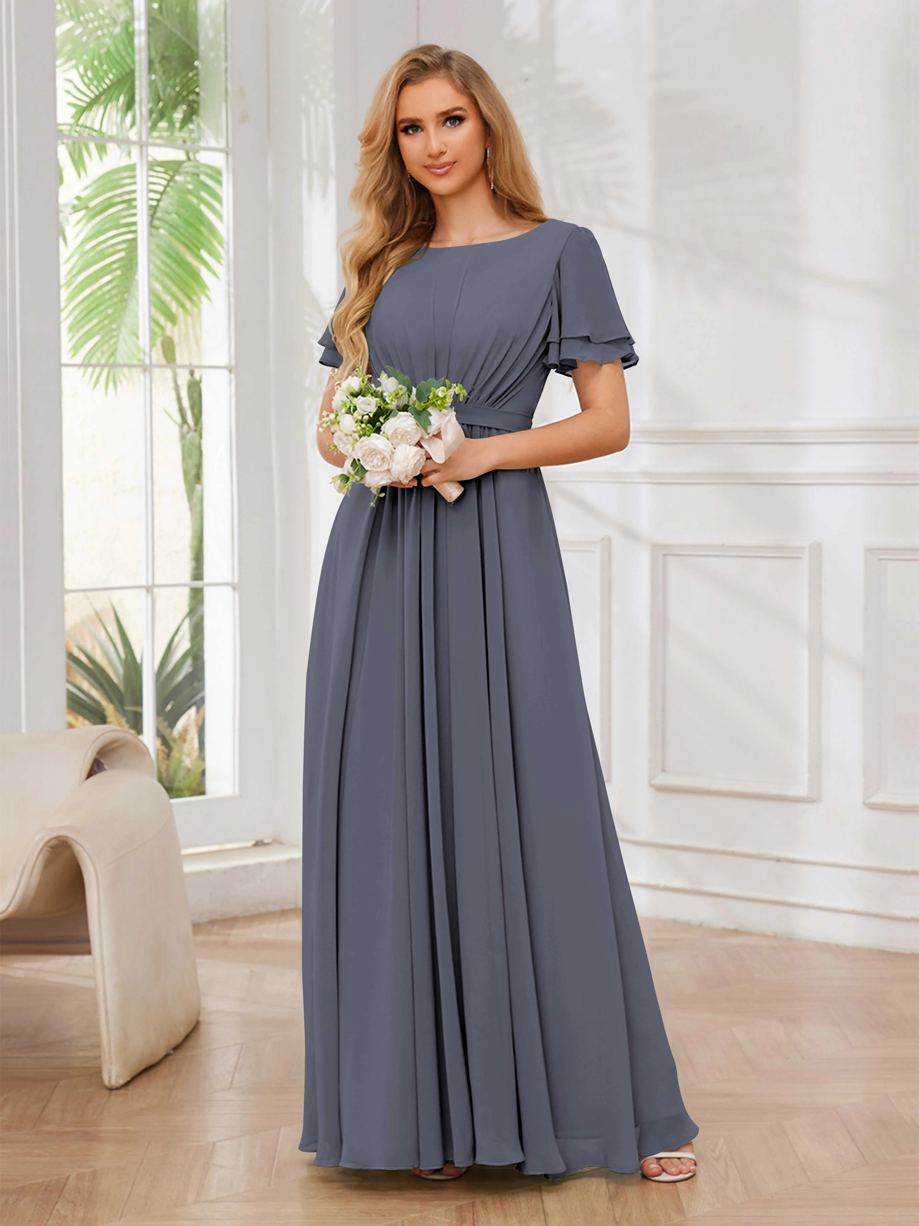 Briana Modest Scoop Short Sleeves Long Chiffon Bridesmaid Dresses