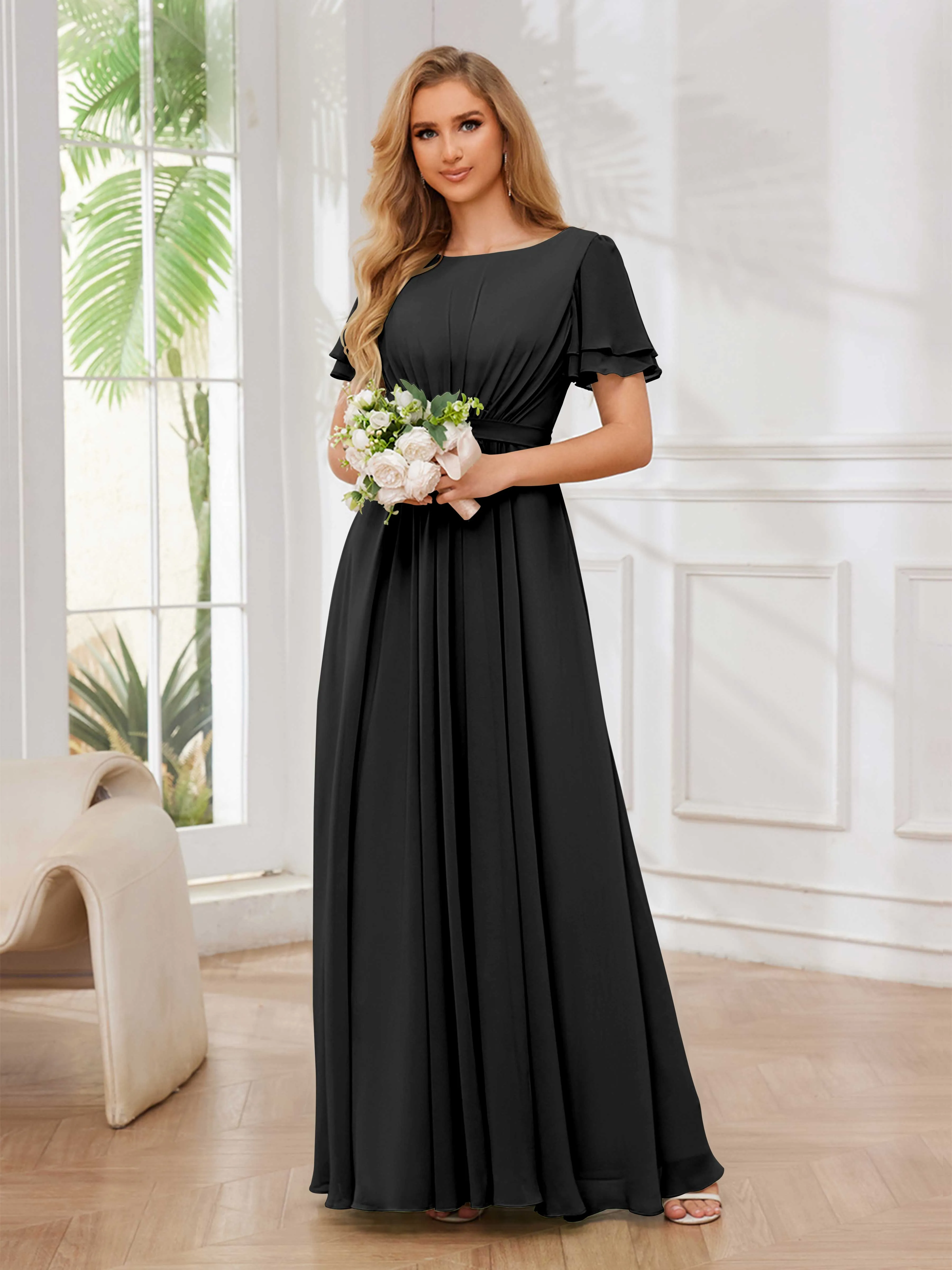 Briana Modest Scoop Short Sleeves Long Chiffon Bridesmaid Dresses