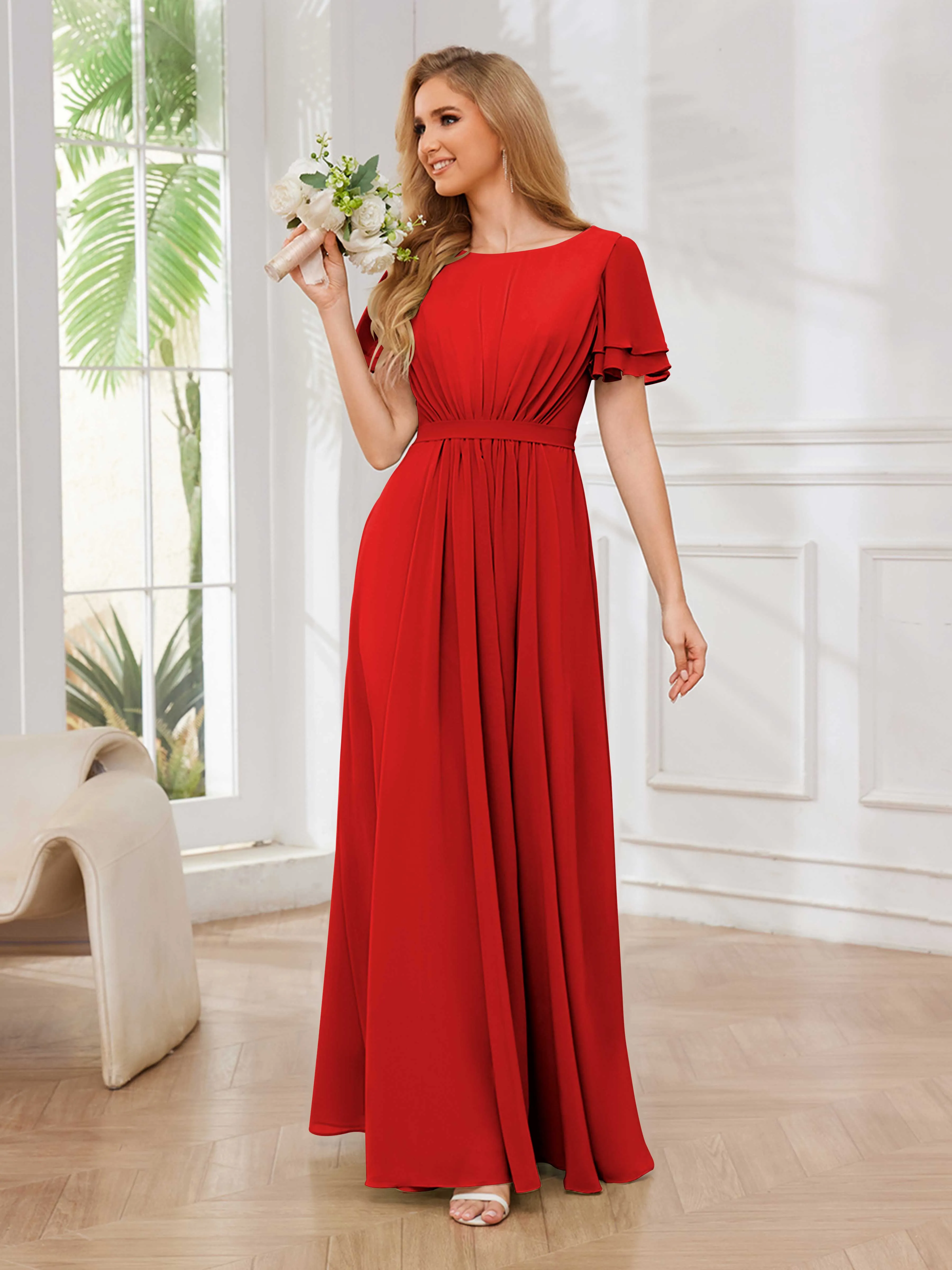 Briana Modest Scoop Short Sleeves Long Chiffon Bridesmaid Dresses