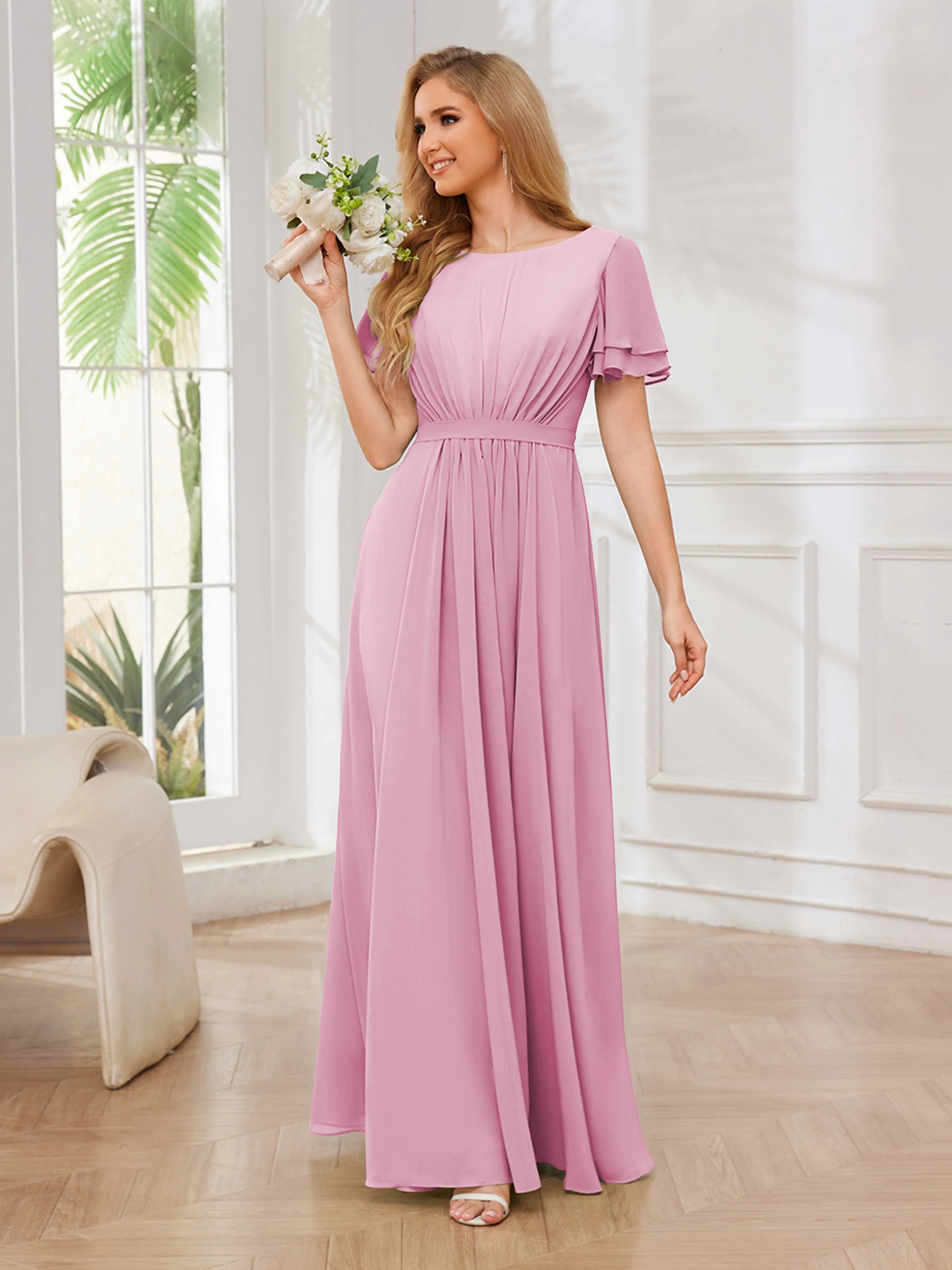 Briana Modest Scoop Short Sleeves Long Chiffon Bridesmaid Dresses