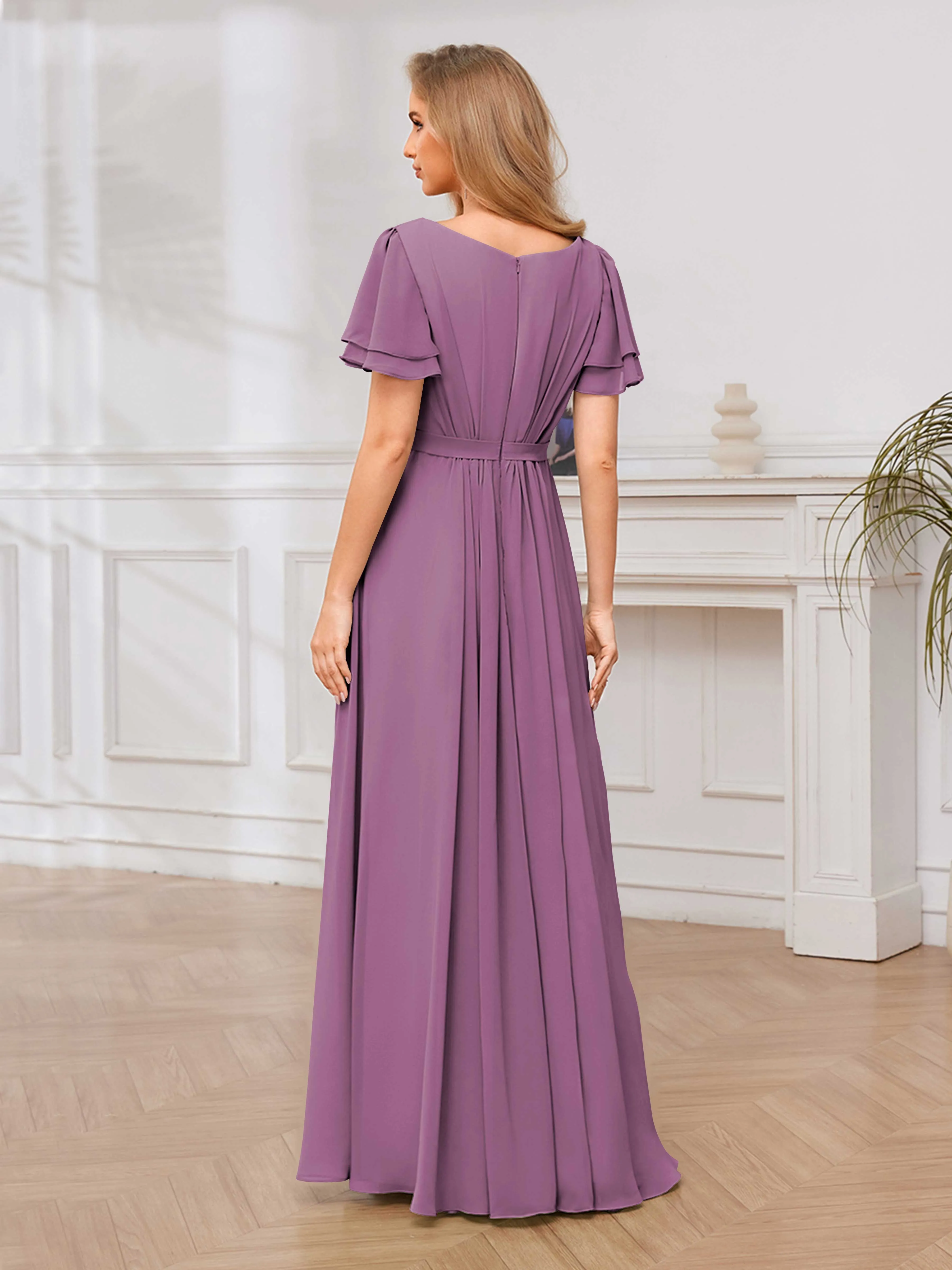 Briana Modest Scoop Short Sleeves Long Chiffon Bridesmaid Dresses