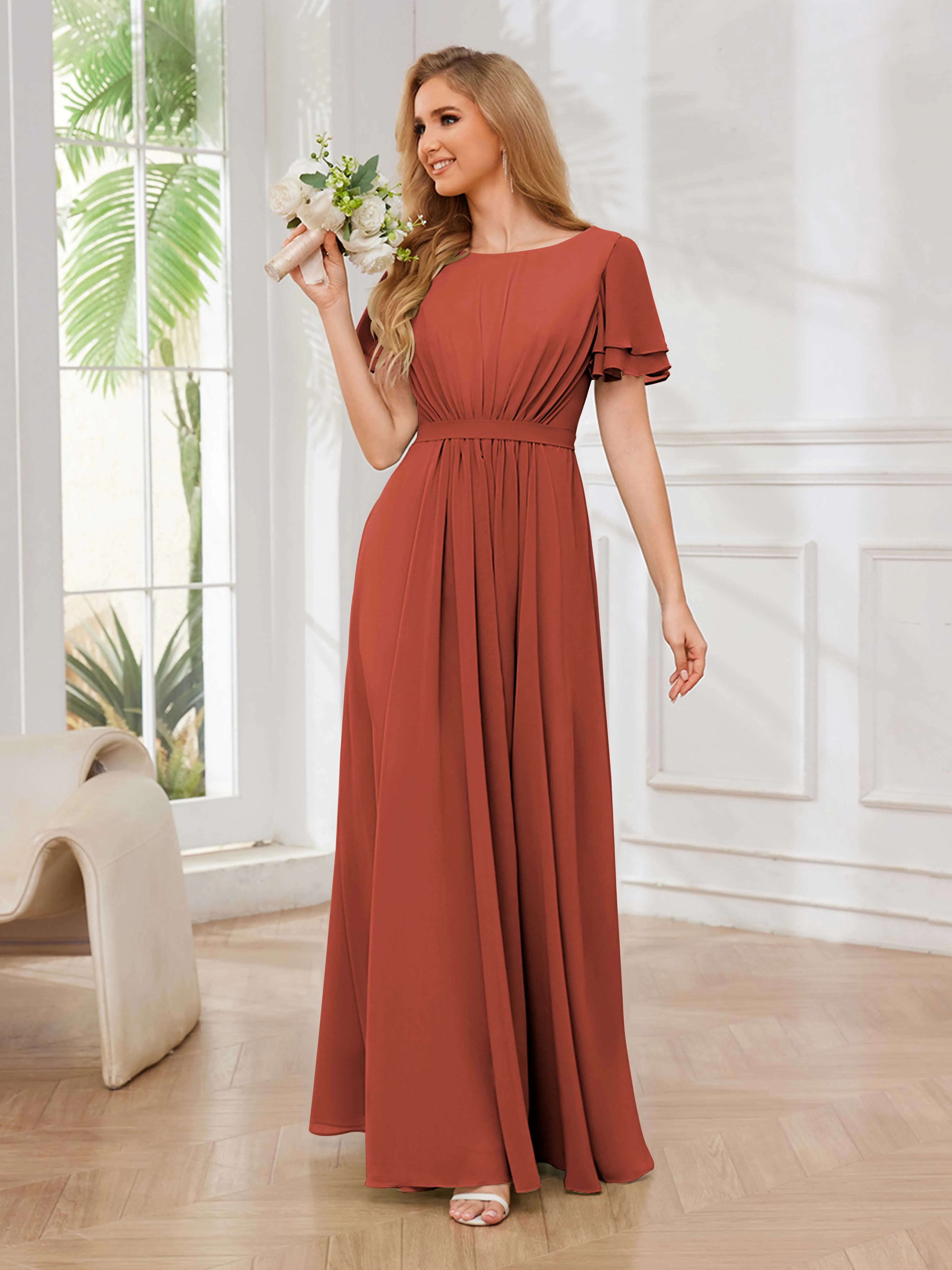 Briana Modest Scoop Short Sleeves Long Chiffon Bridesmaid Dresses
