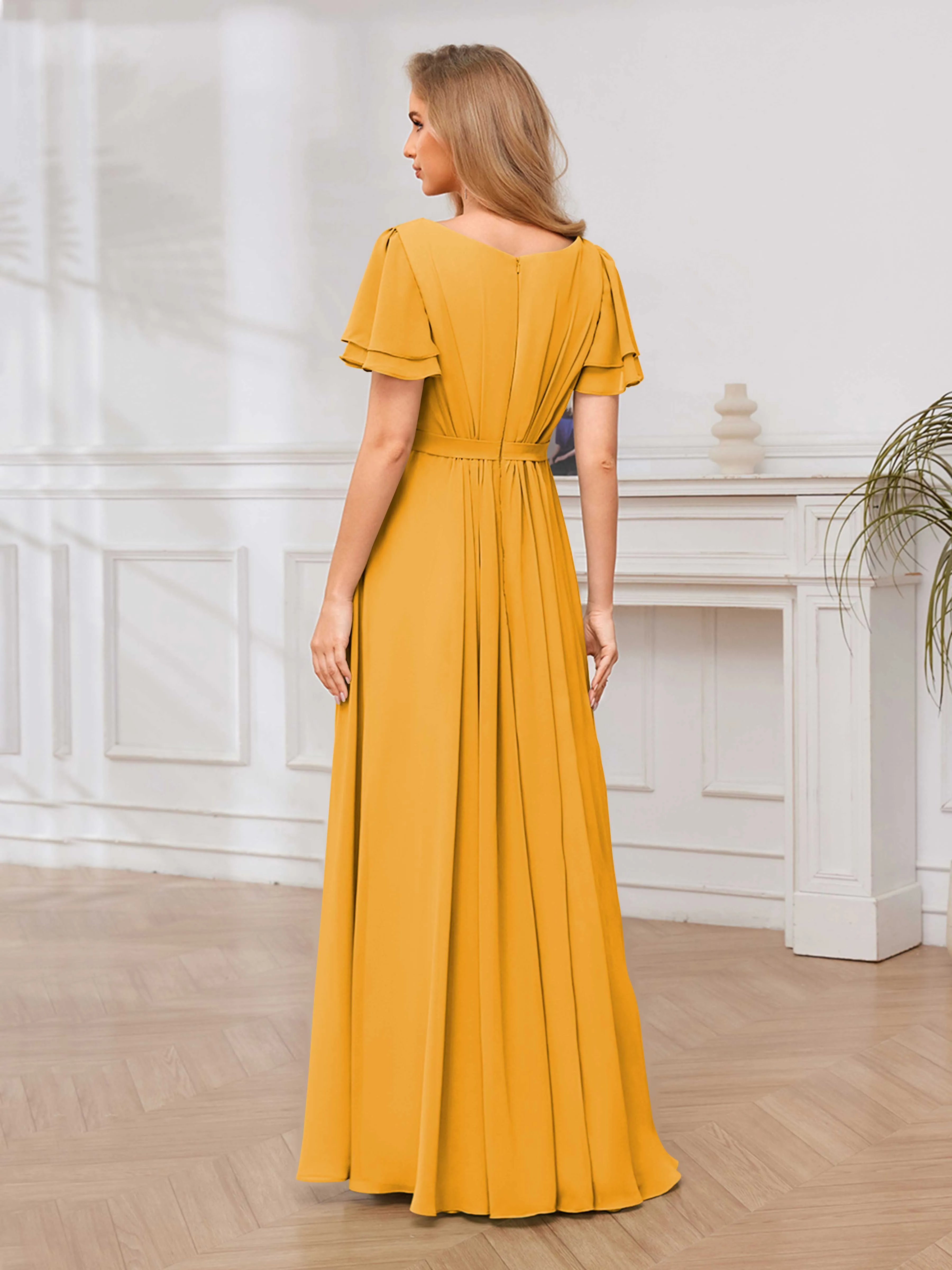 Briana Modest Scoop Short Sleeves Long Chiffon Bridesmaid Dresses