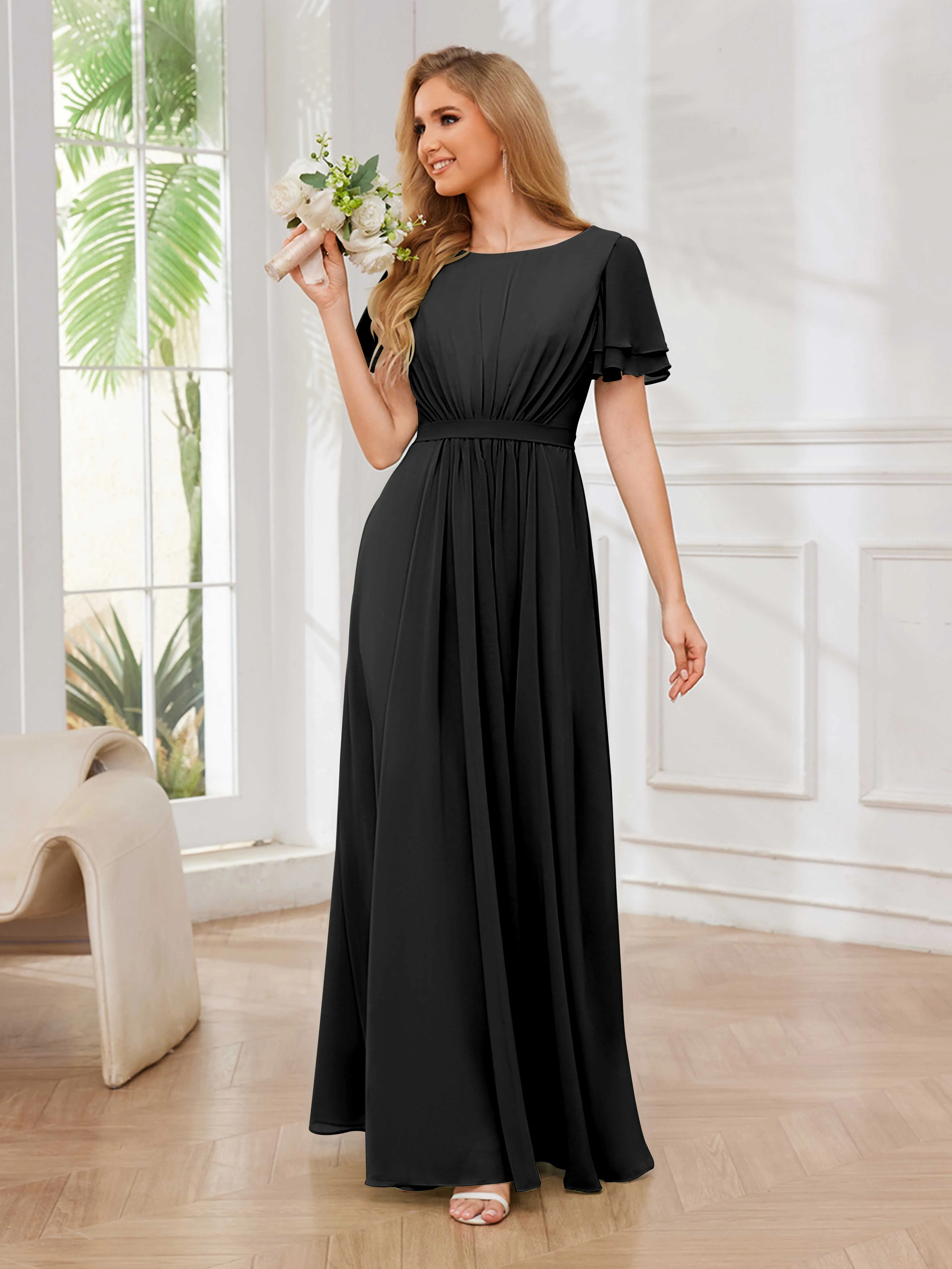 Briana Modest Scoop Short Sleeves Long Chiffon Bridesmaid Dresses