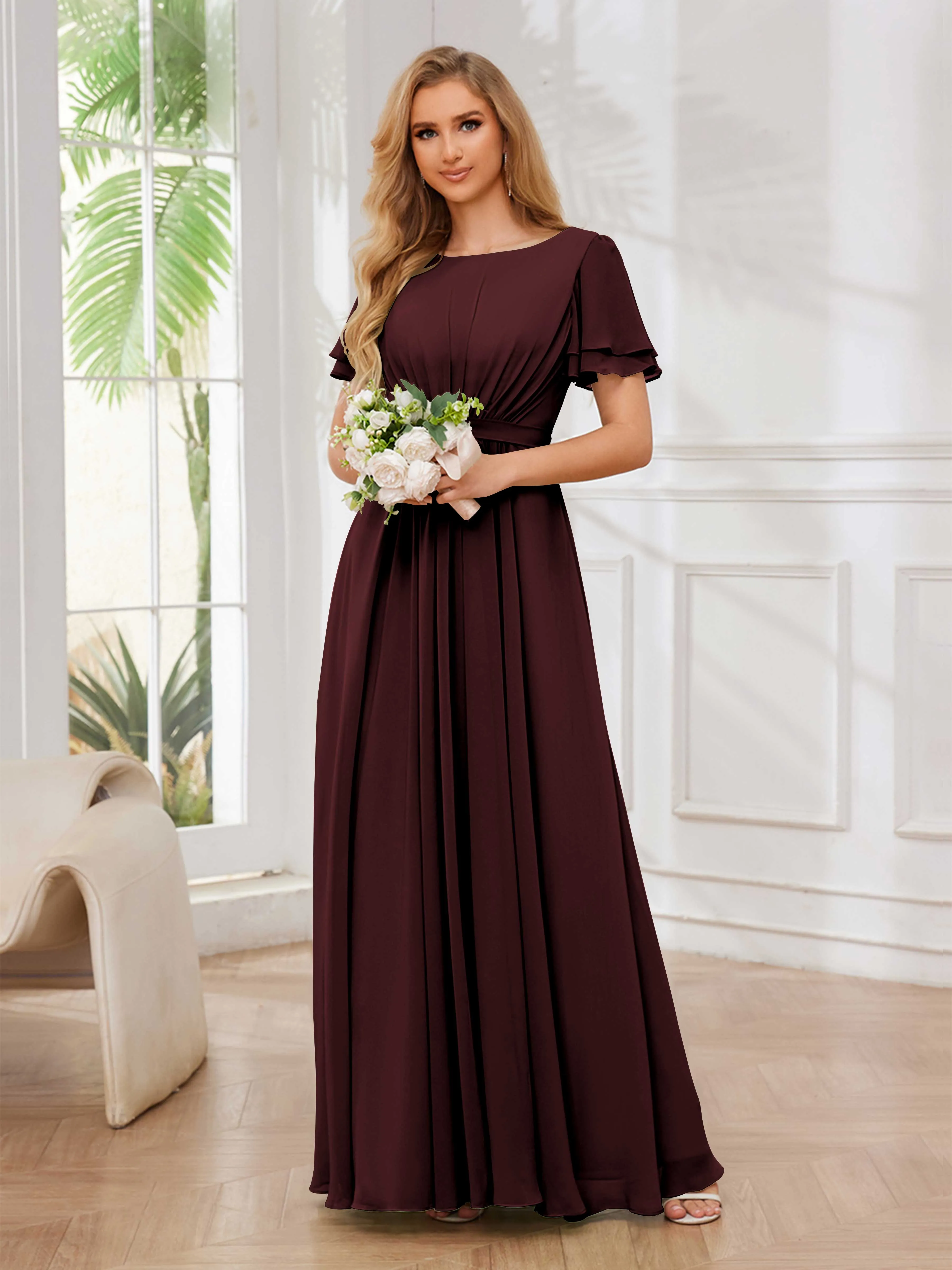 Briana Modest Scoop Short Sleeves Long Chiffon Bridesmaid Dresses