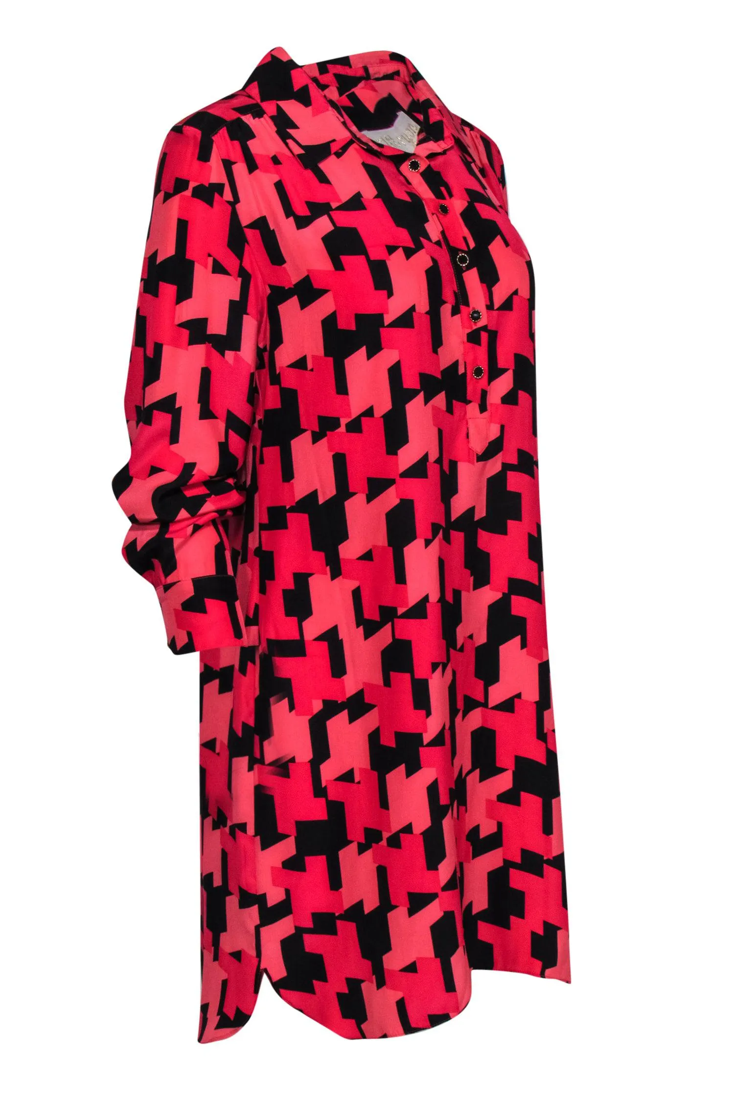 Britt Ryan - Pink & Black Herringbone Print Button-Front Shift Dress Sz L