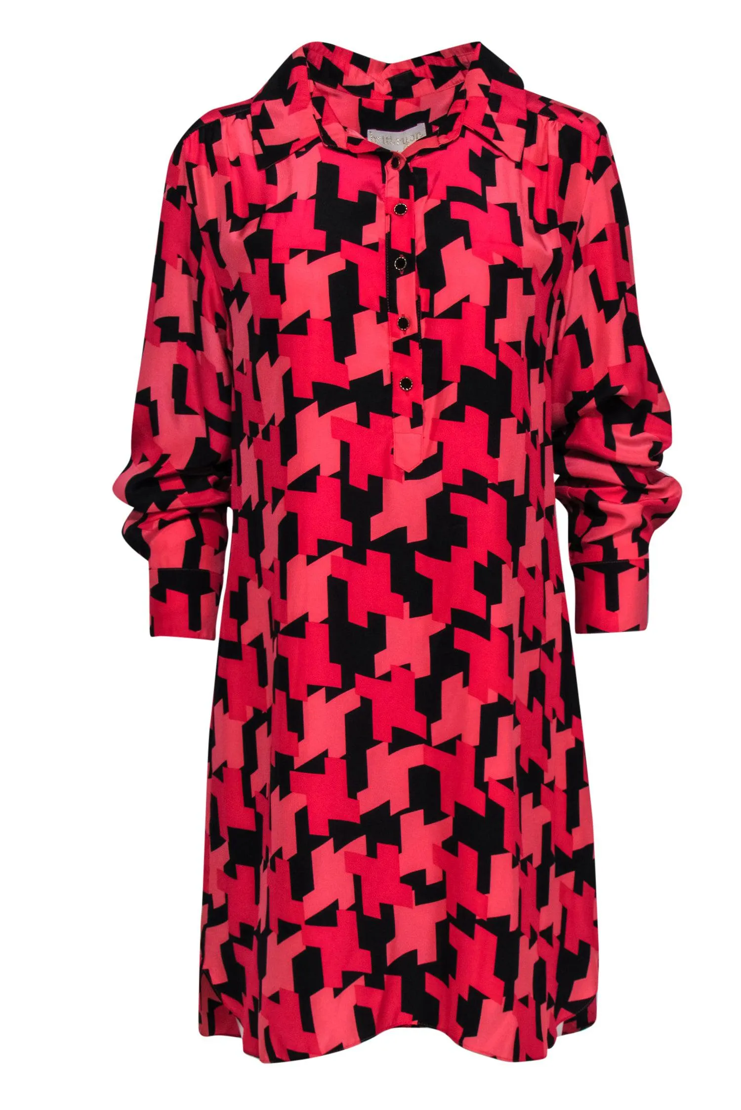 Britt Ryan - Pink & Black Herringbone Print Button-Front Shift Dress Sz L