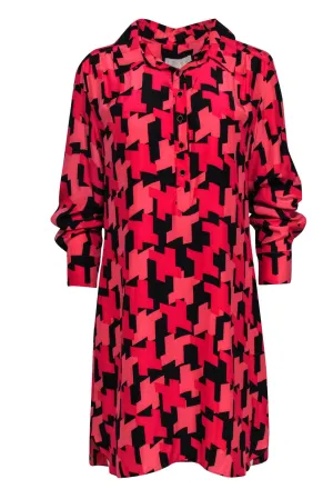Britt Ryan - Pink & Black Herringbone Print Button-Front Shift Dress Sz L