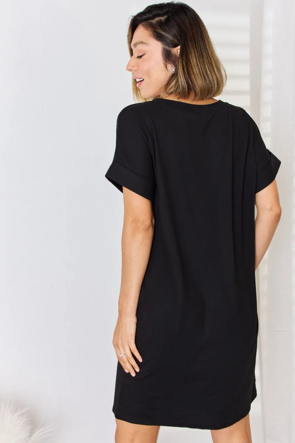 Brushed DTY Rolled Short Sleeve V-Neck Dress