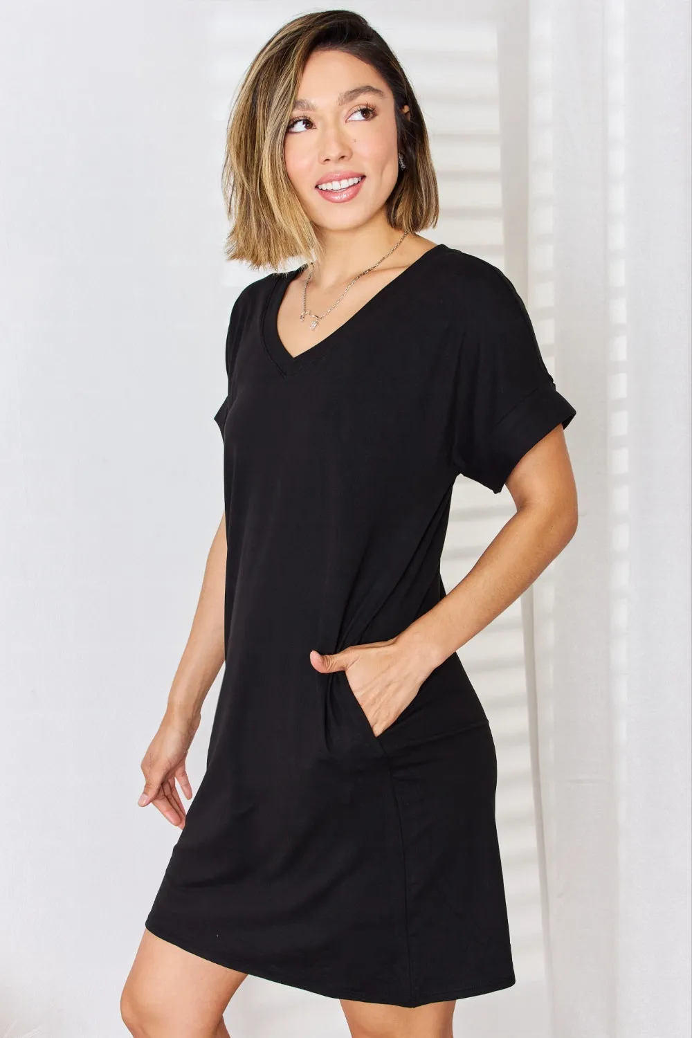 Brushed DTY Rolled Short Sleeve V-Neck Dress