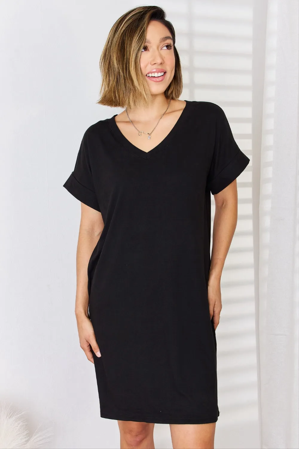 Brushed DTY Rolled Short Sleeve V-Neck Dress
