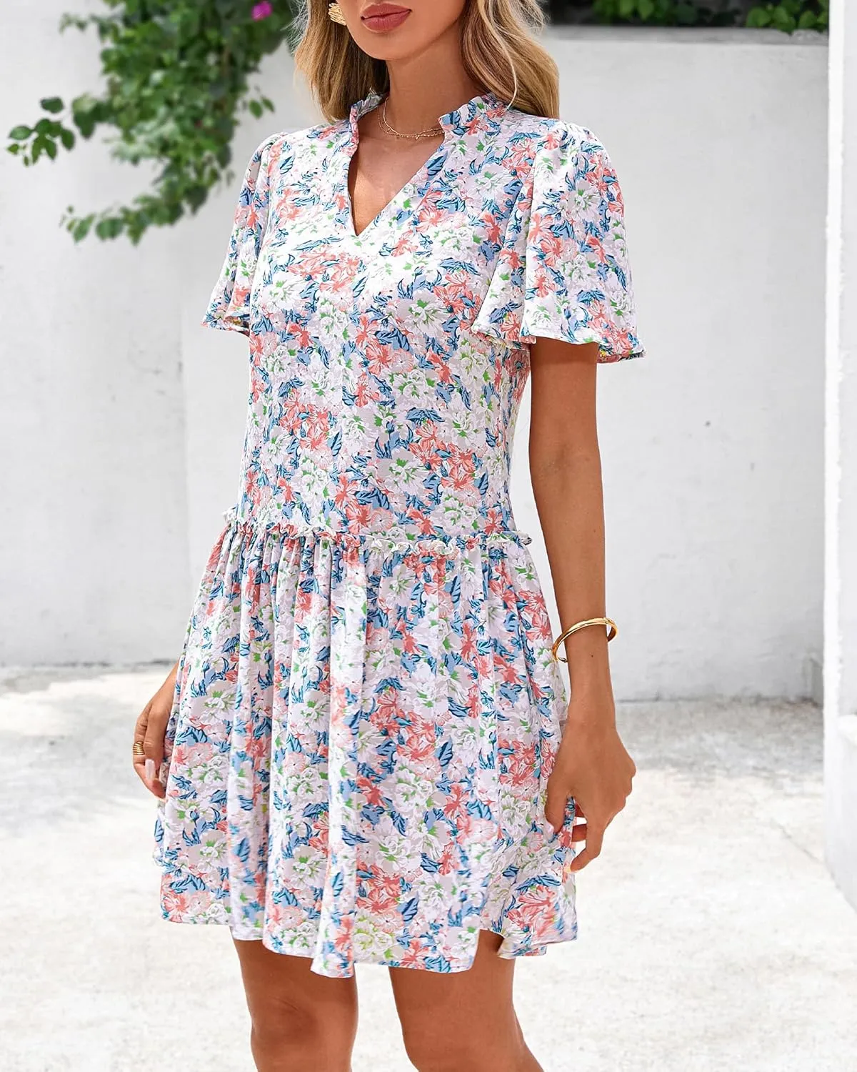 BTFBM Women Summer Dresses 2025 Short Sleeve V Neck Tiered Ruffle Boho Swing Dress A-Line Floral Mini Dresses