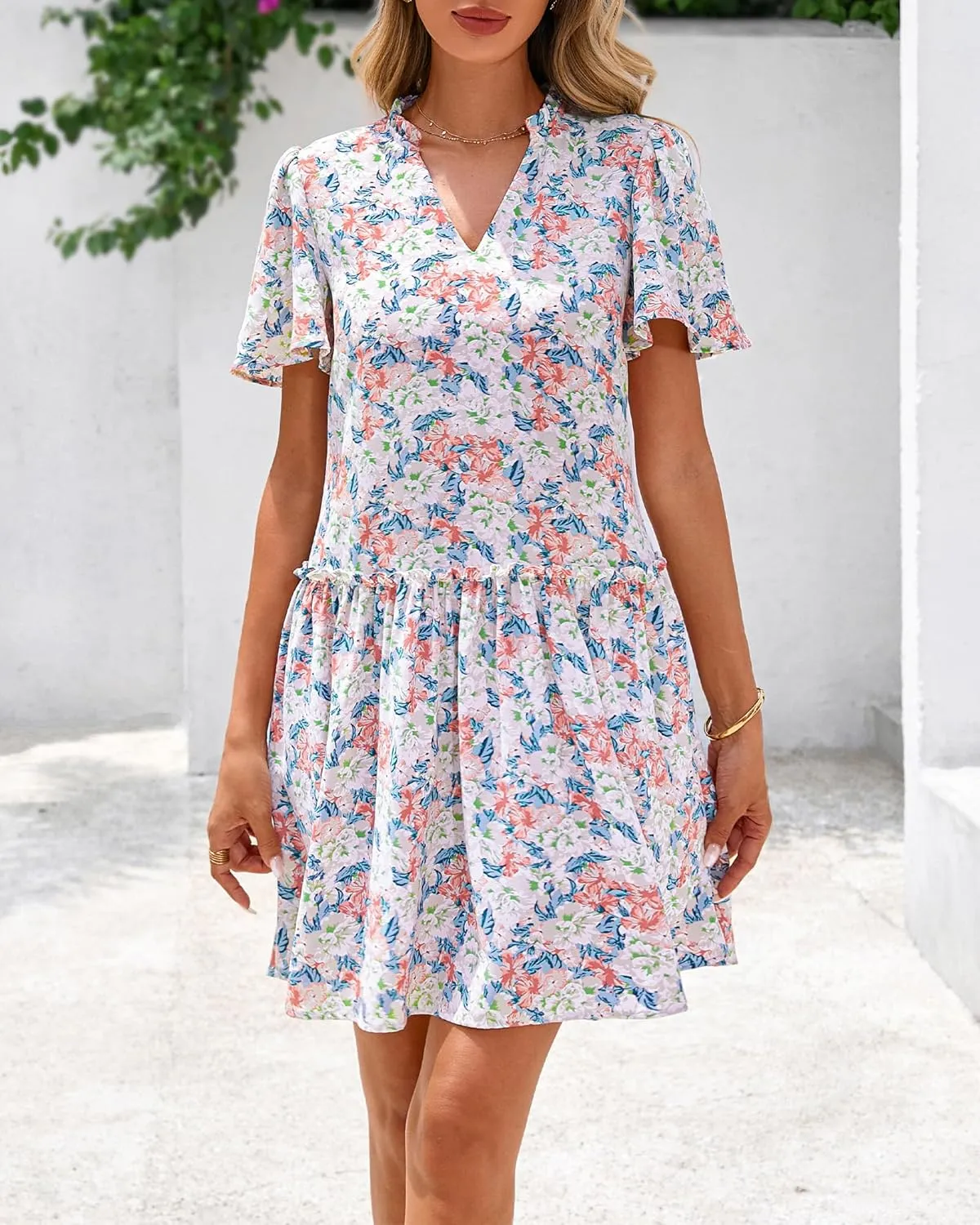 BTFBM Women Summer Dresses 2025 Short Sleeve V Neck Tiered Ruffle Boho Swing Dress A-Line Floral Mini Dresses