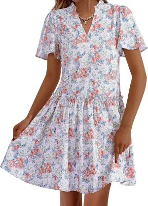 BTFBM Women Summer Dresses 2025 Short Sleeve V Neck Tiered Ruffle Boho Swing Dress A-Line Floral Mini Dresses
