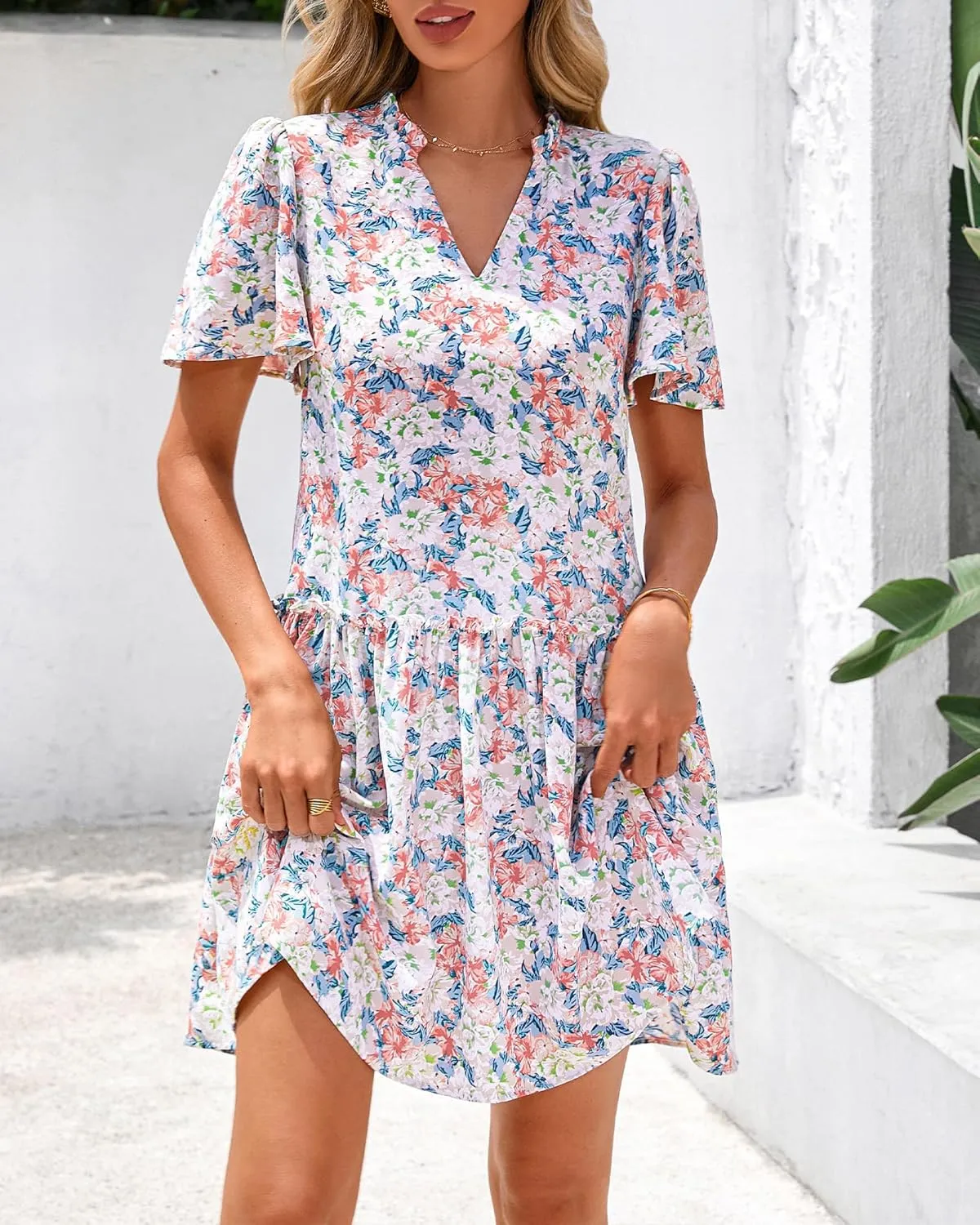 BTFBM Women Summer Dresses 2025 Short Sleeve V Neck Tiered Ruffle Boho Swing Dress A-Line Floral Mini Dresses