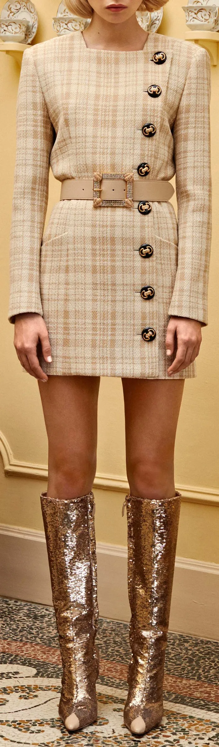 Button-Detail Tweed Mini Dress