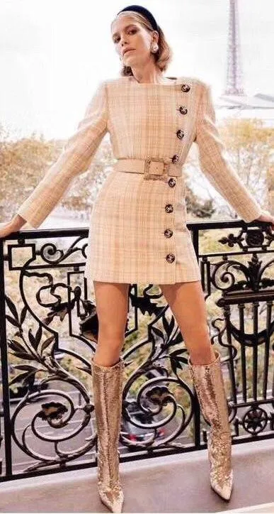 Button-Detail Tweed Mini Dress