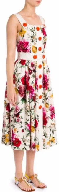 Button-Embellished Brocade Floral Print Dress