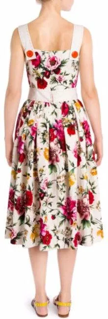 Button-Embellished Brocade Floral Print Dress