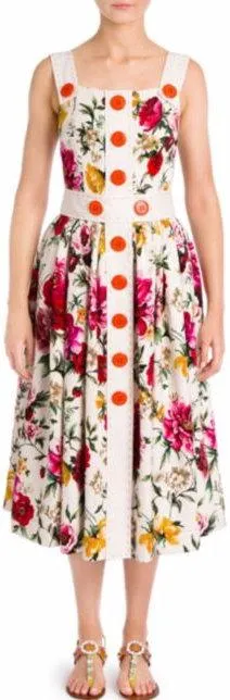 Button-Embellished Brocade Floral Print Dress