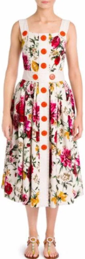 Button-Embellished Brocade Floral Print Dress