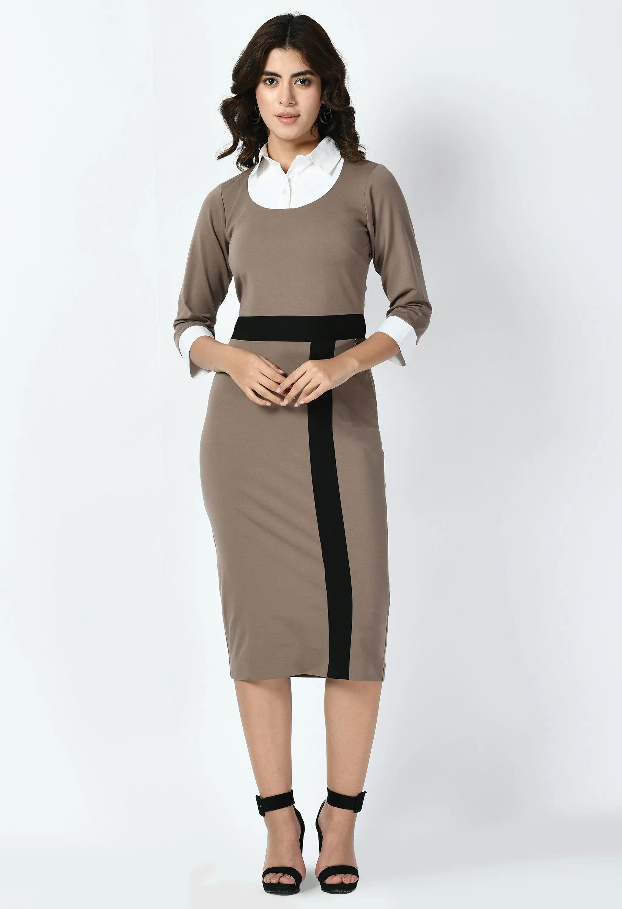 Camel Beige Paramount Shirt Blocked Sheath Dress