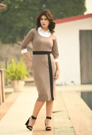 Camel Beige Paramount Shirt Blocked Sheath Dress
