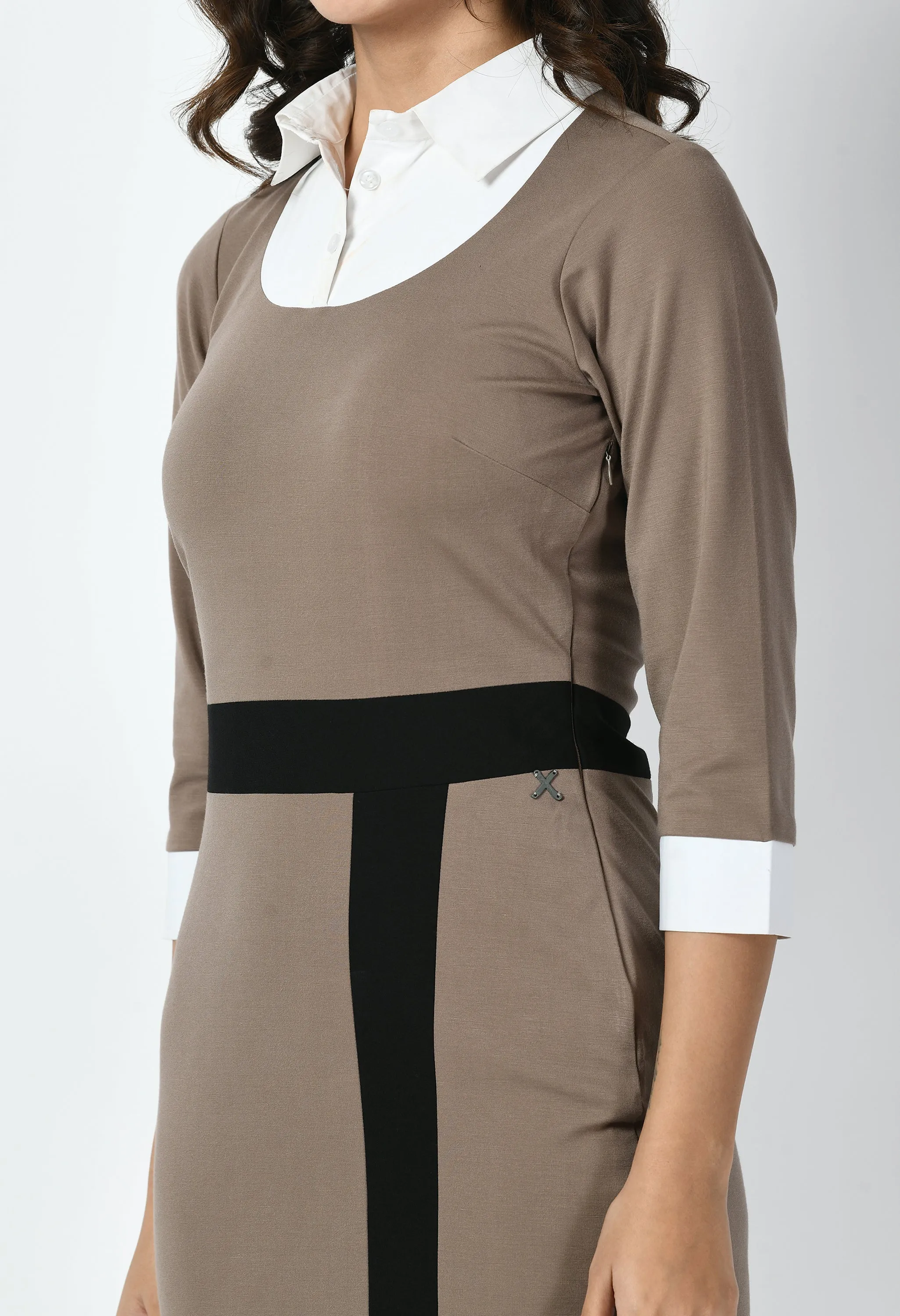 Camel Beige Paramount Shirt Blocked Sheath Dress