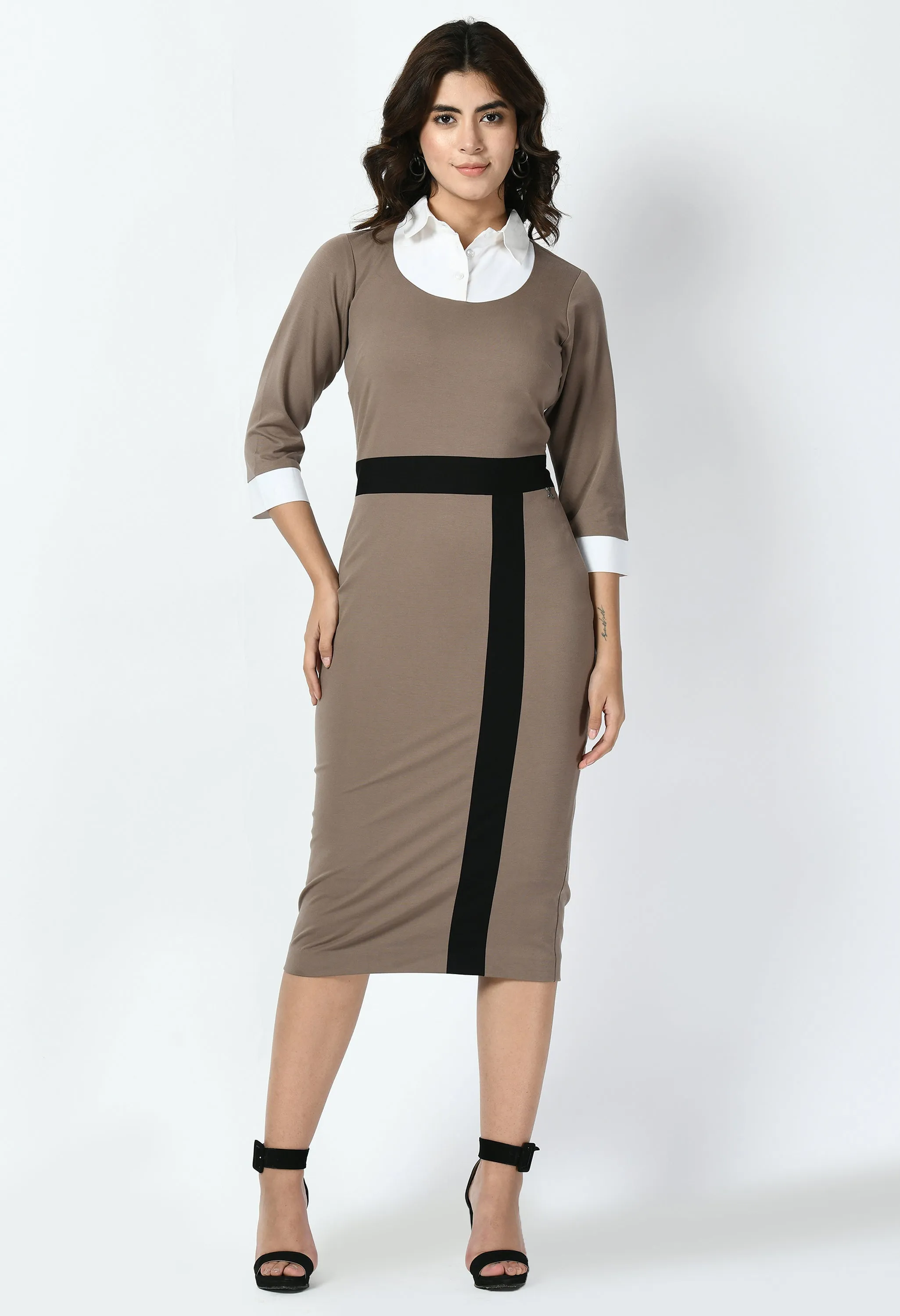 Camel Beige Paramount Shirt Blocked Sheath Dress