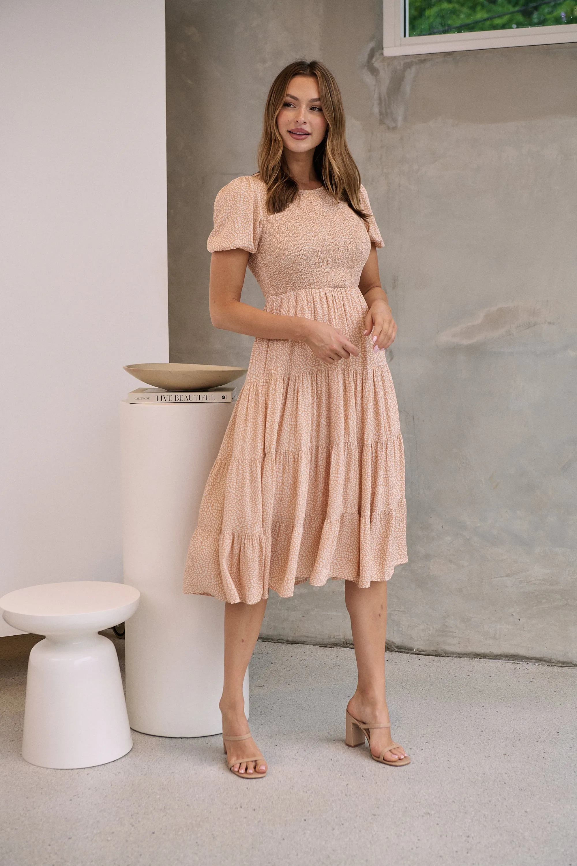 Caroline Peach Speckled Print Shirred Tiered Dress