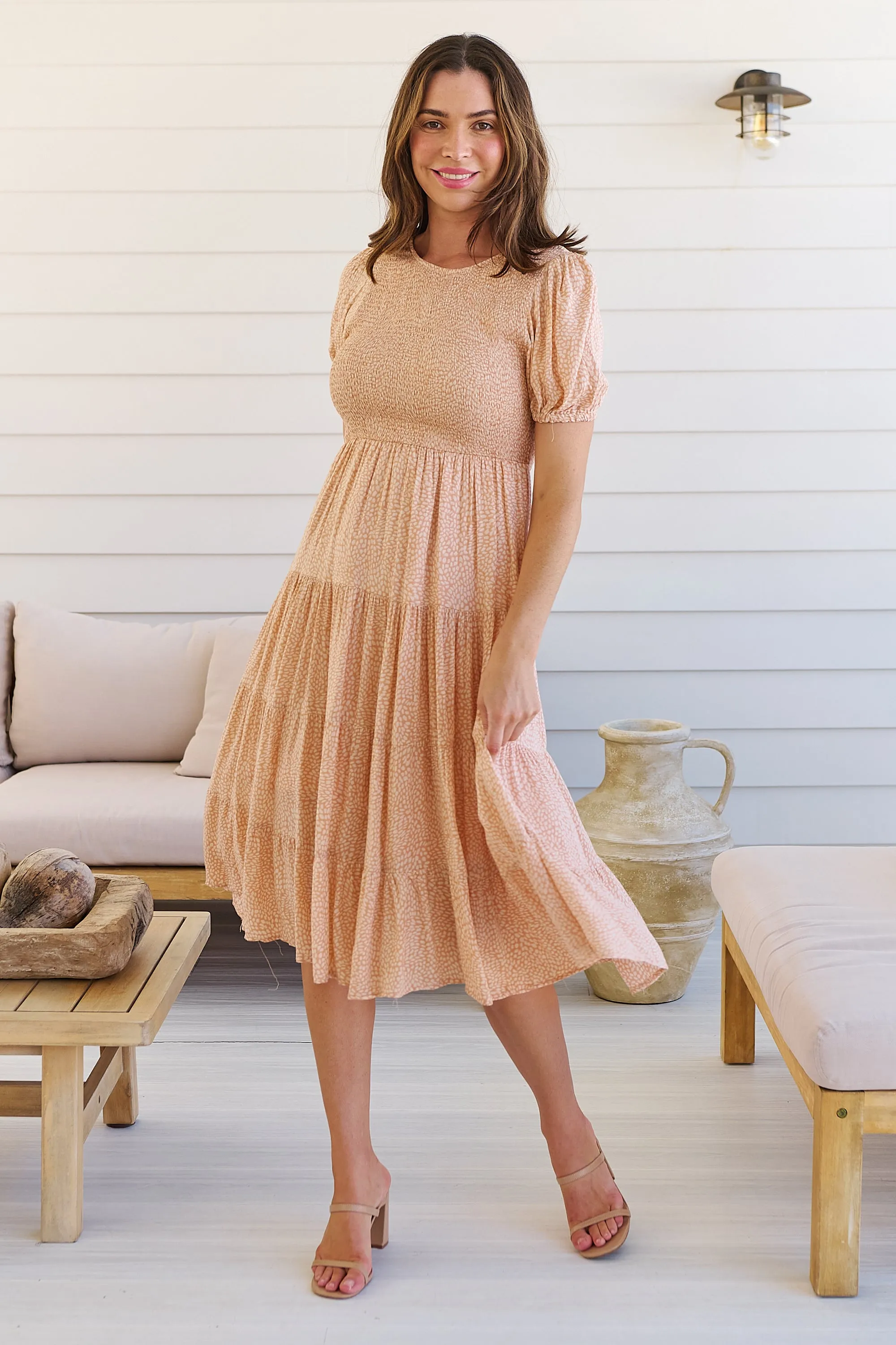 Caroline Peach Speckled Print Shirred Tiered Dress