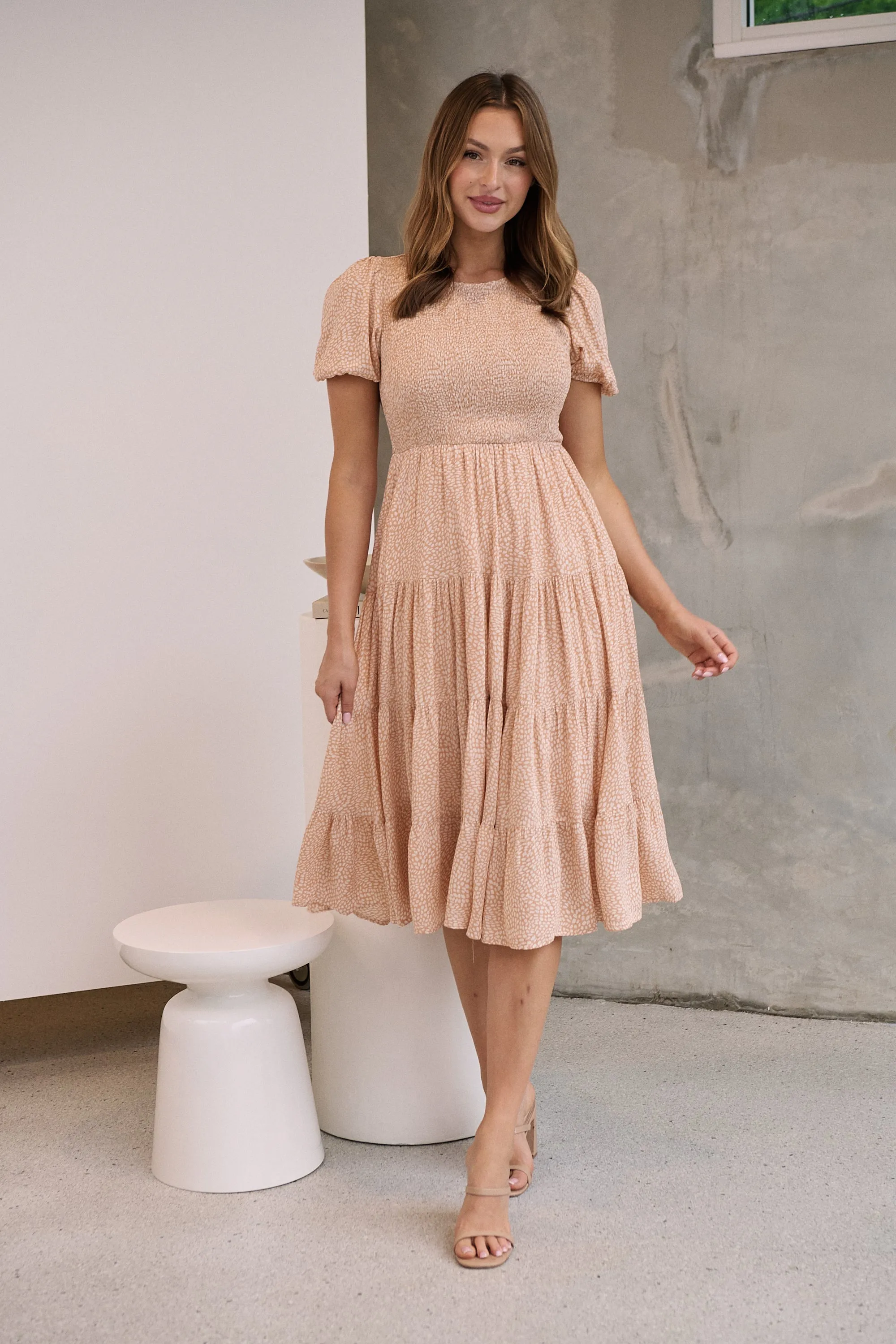 Caroline Peach Speckled Print Shirred Tiered Dress