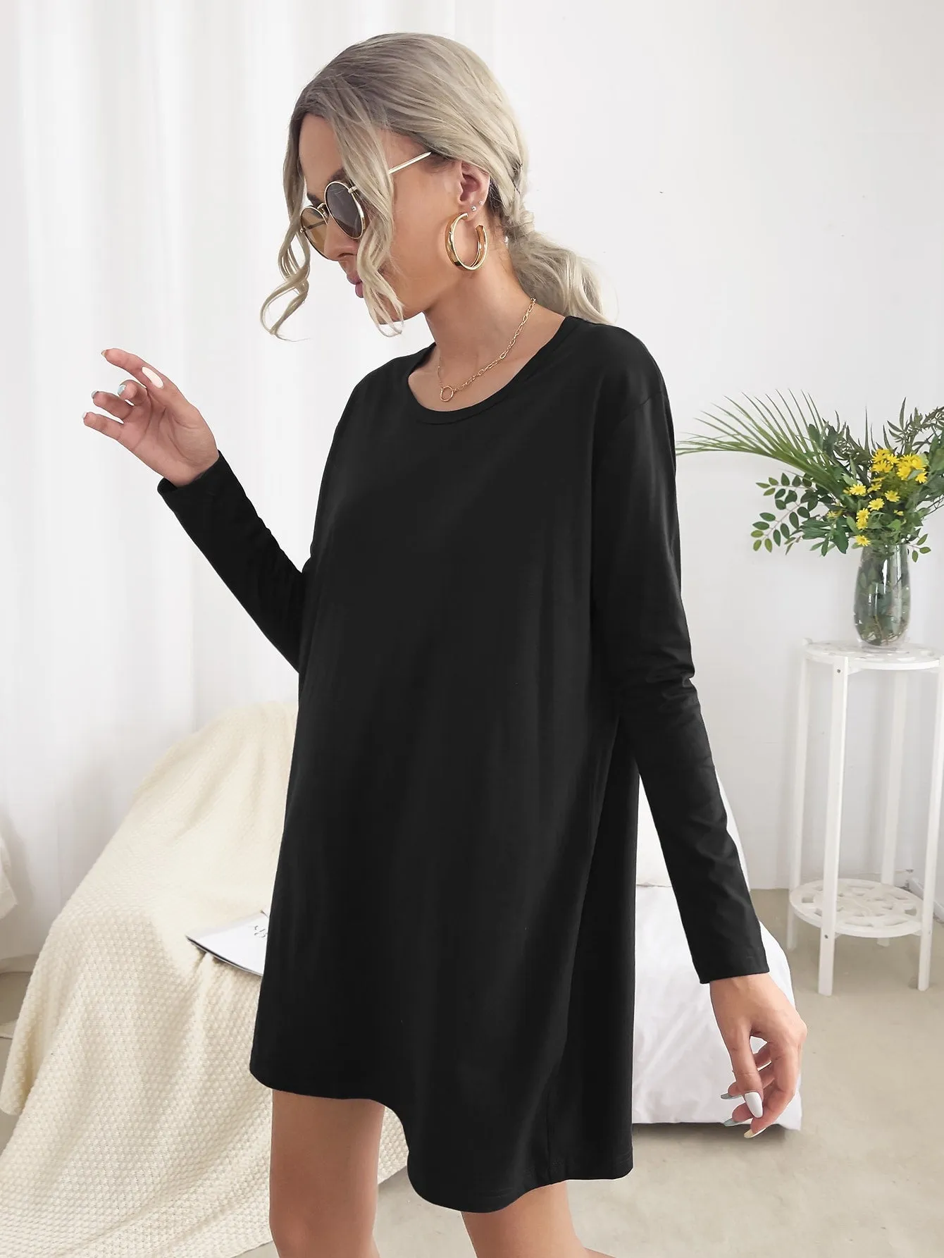 Casual Plain Long Sleeve Round Neck Straight Short Dress