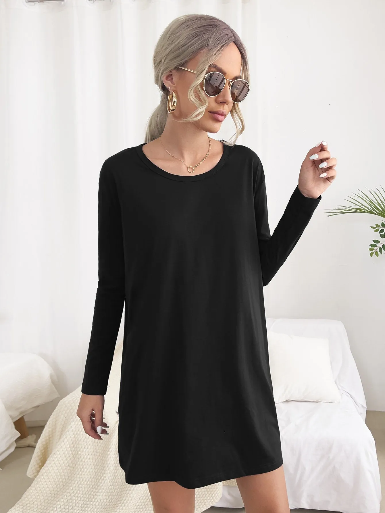 Casual Plain Long Sleeve Round Neck Straight Short Dress