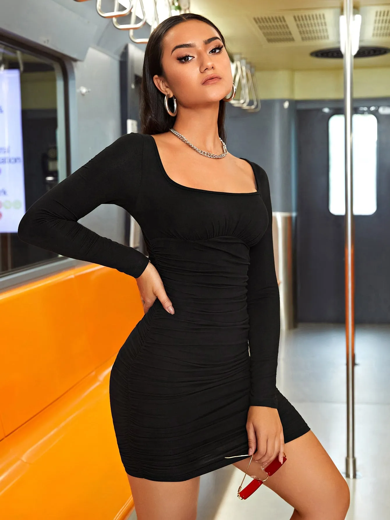 Casual Plain Long Sleeve Square Neck Pencil High Waist Short Dress