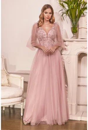 CD 0182 Size 18 A Line Shimmer Long Sheer Puff Sleeve Mother Of Dress Formal Evening Gown