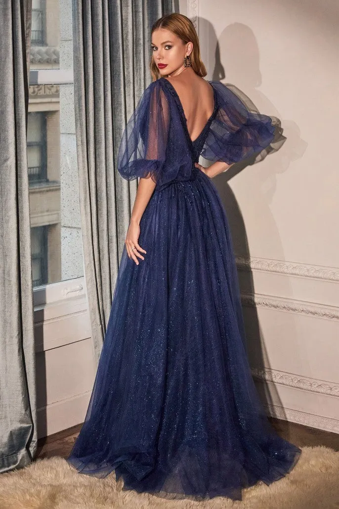 CD 0182 Size 18 A Line Shimmer Long Sheer Puff Sleeve Mother Of Dress Formal Evening Gown