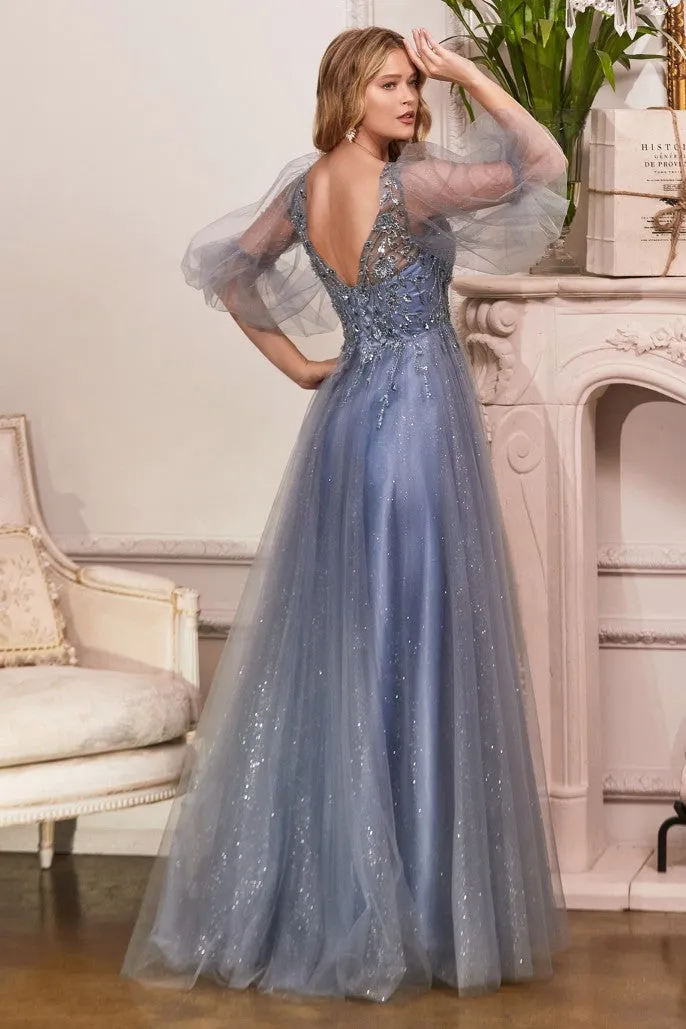 CD 0182 Size 18 A Line Shimmer Long Sheer Puff Sleeve Mother Of Dress Formal Evening Gown