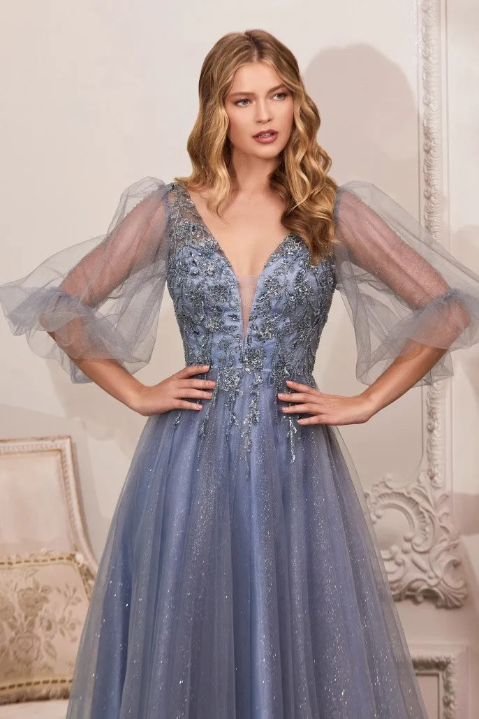 CD 0182 Size 18 A Line Shimmer Long Sheer Puff Sleeve Mother Of Dress Formal Evening Gown