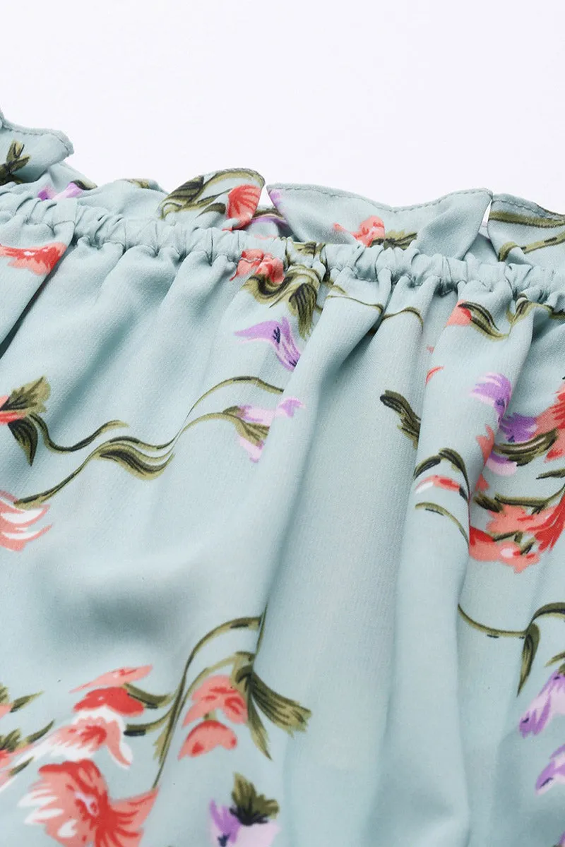 Cement Blue Crepe Floral Printed Off-Shoulder Tiered Dress