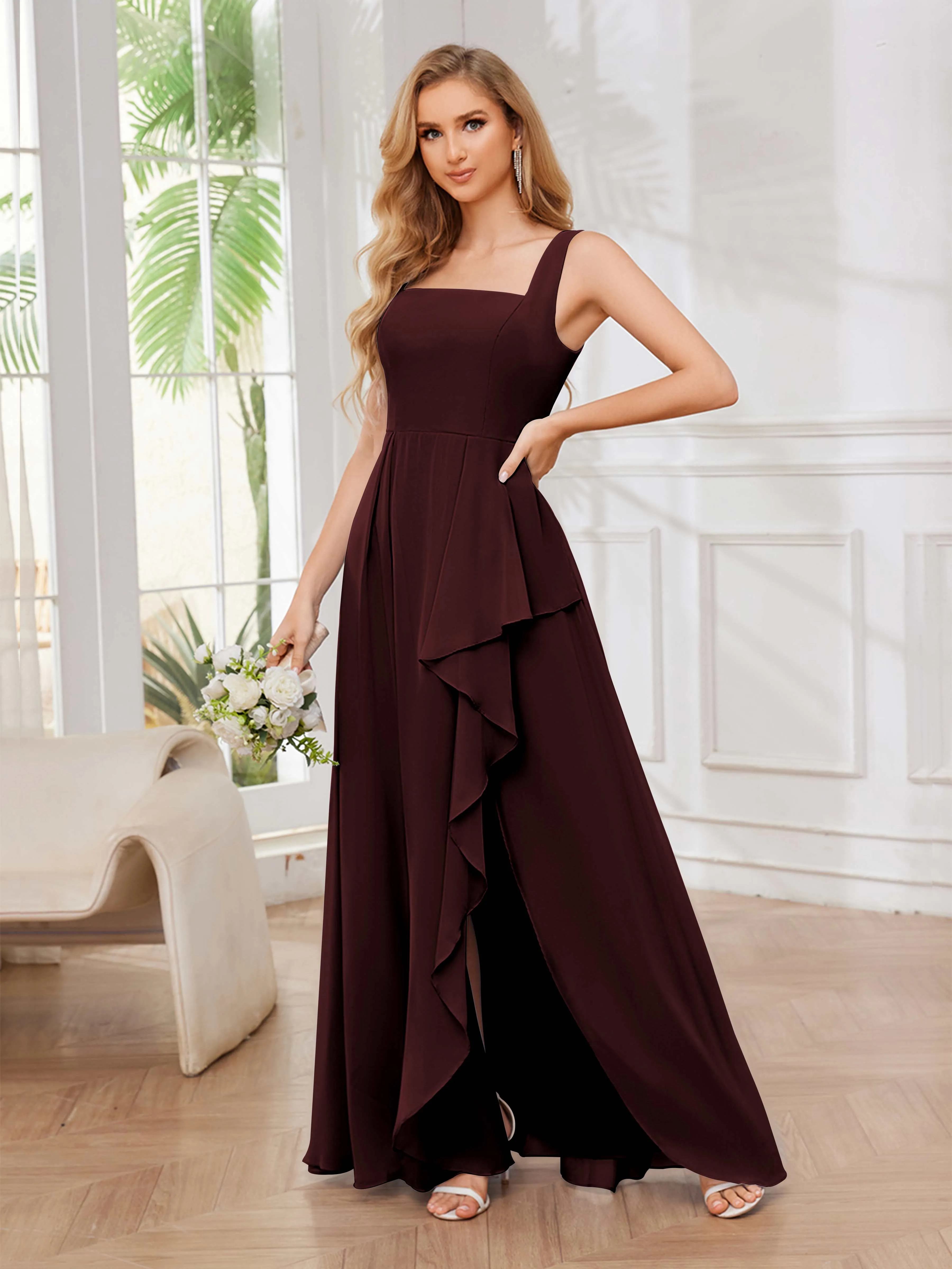 Chelsea Flowing A-Line Square Slit Long Chiffon Bridesmaid Dresses