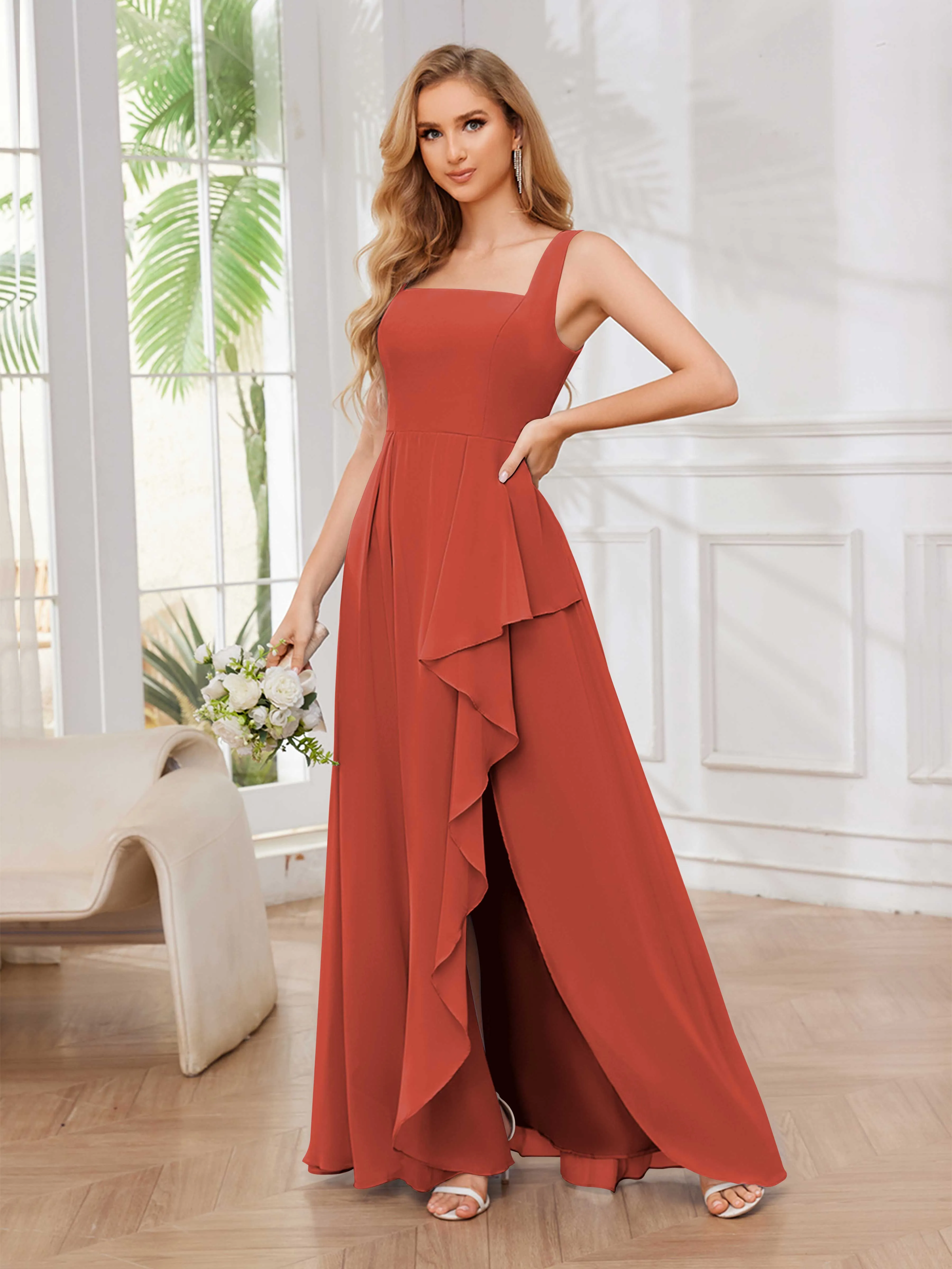 Chelsea Flowing A-Line Square Slit Long Chiffon Bridesmaid Dresses