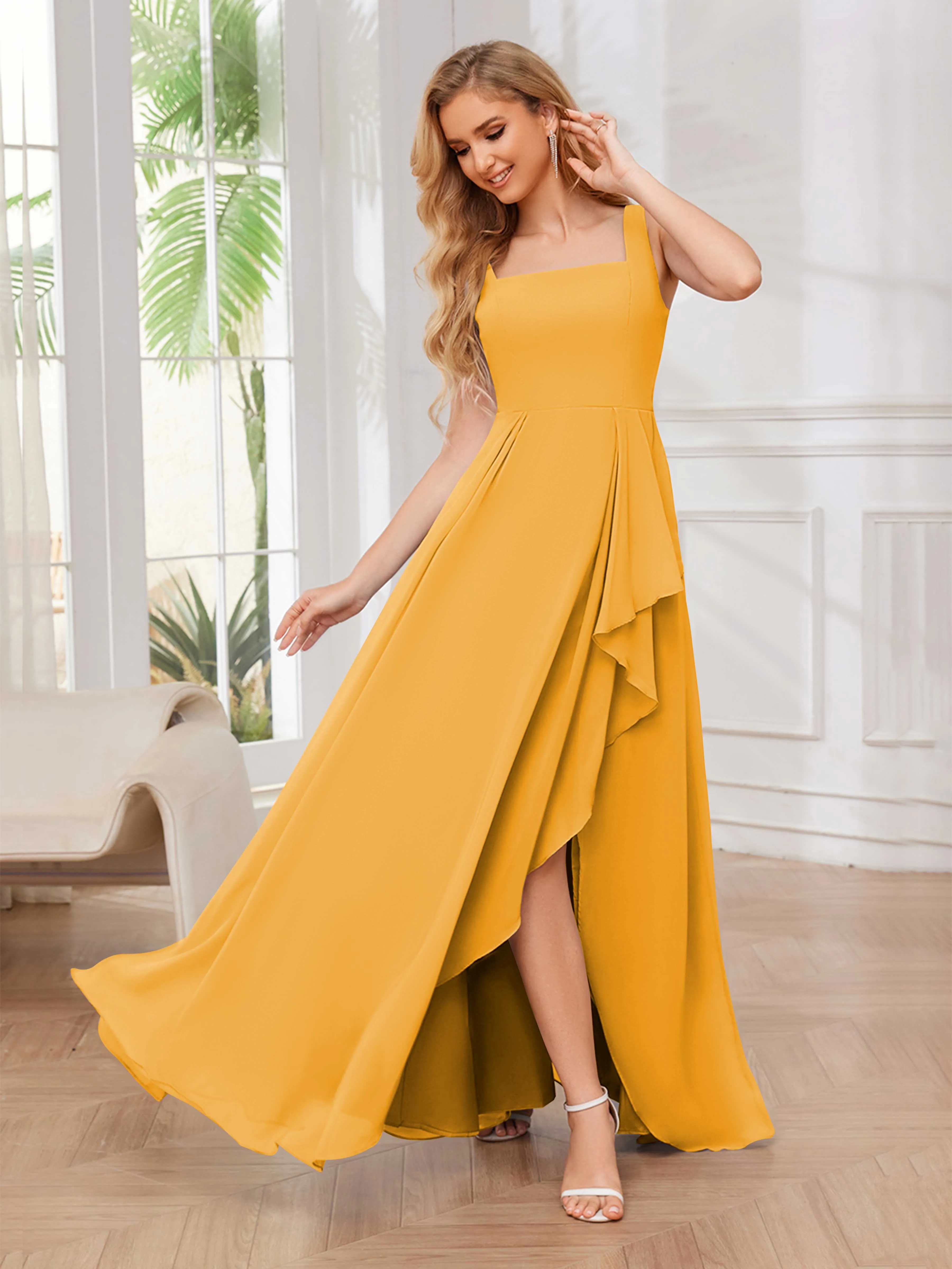 Chelsea Flowing A-Line Square Slit Long Chiffon Bridesmaid Dresses