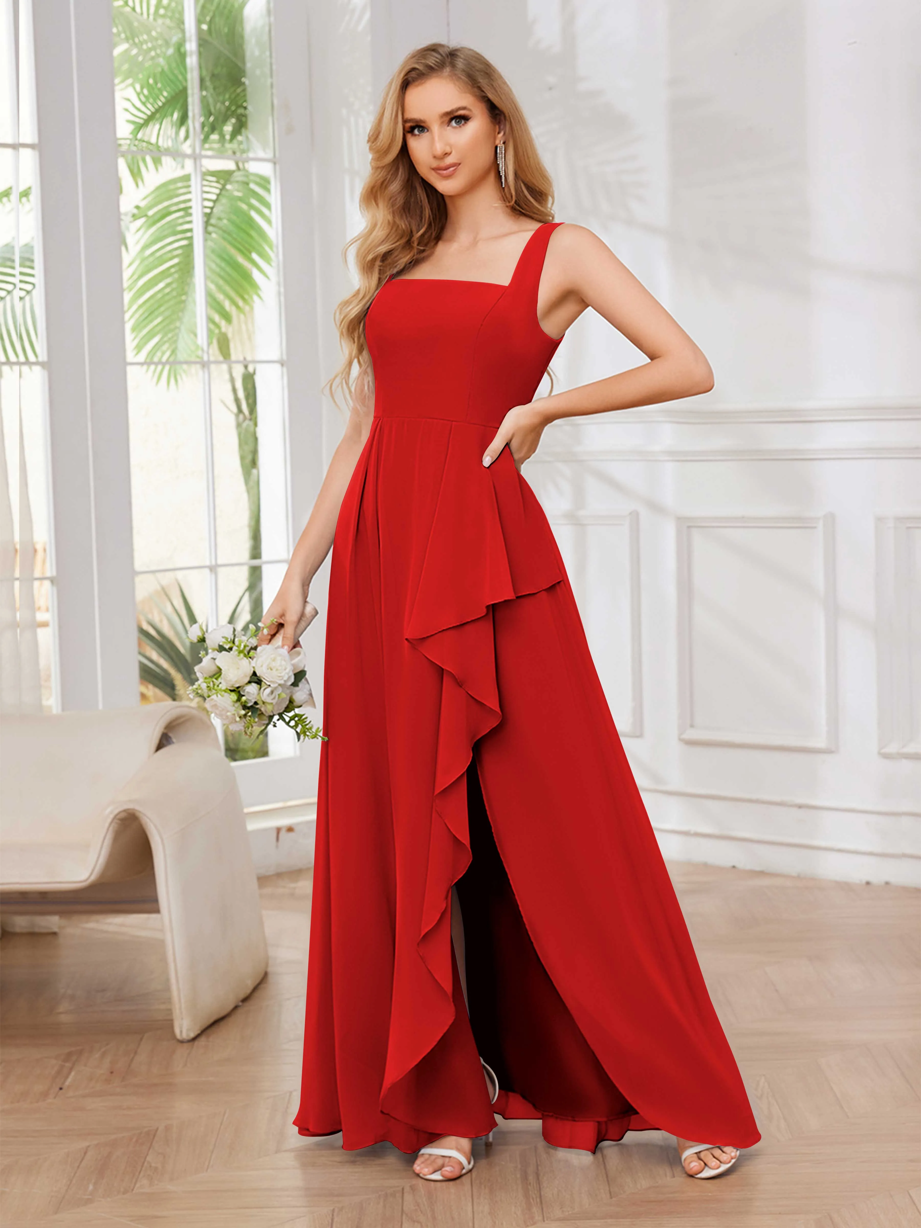 Chelsea Flowing A-Line Square Slit Long Chiffon Bridesmaid Dresses