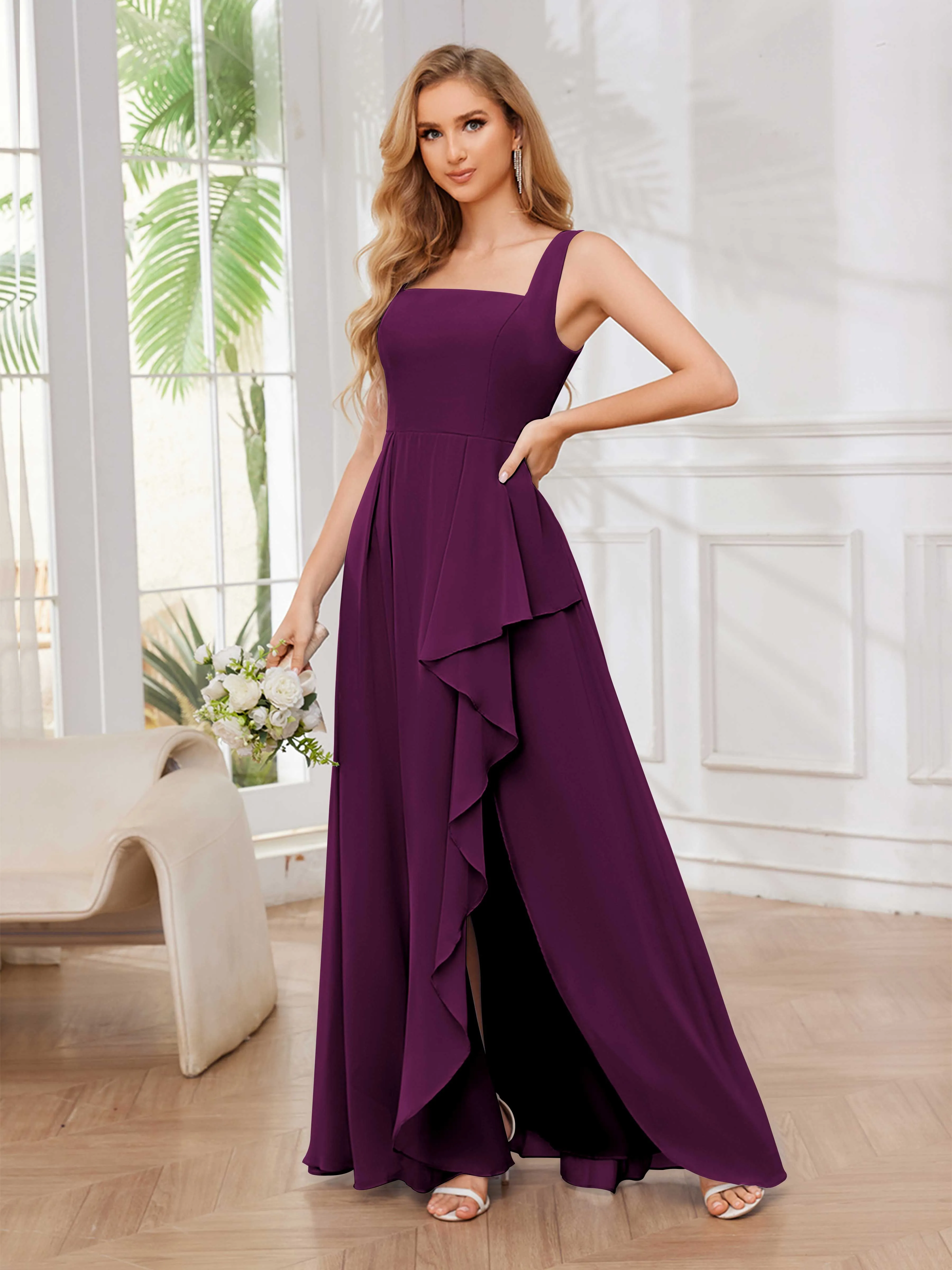 Chelsea Flowing A-Line Square Slit Long Chiffon Bridesmaid Dresses