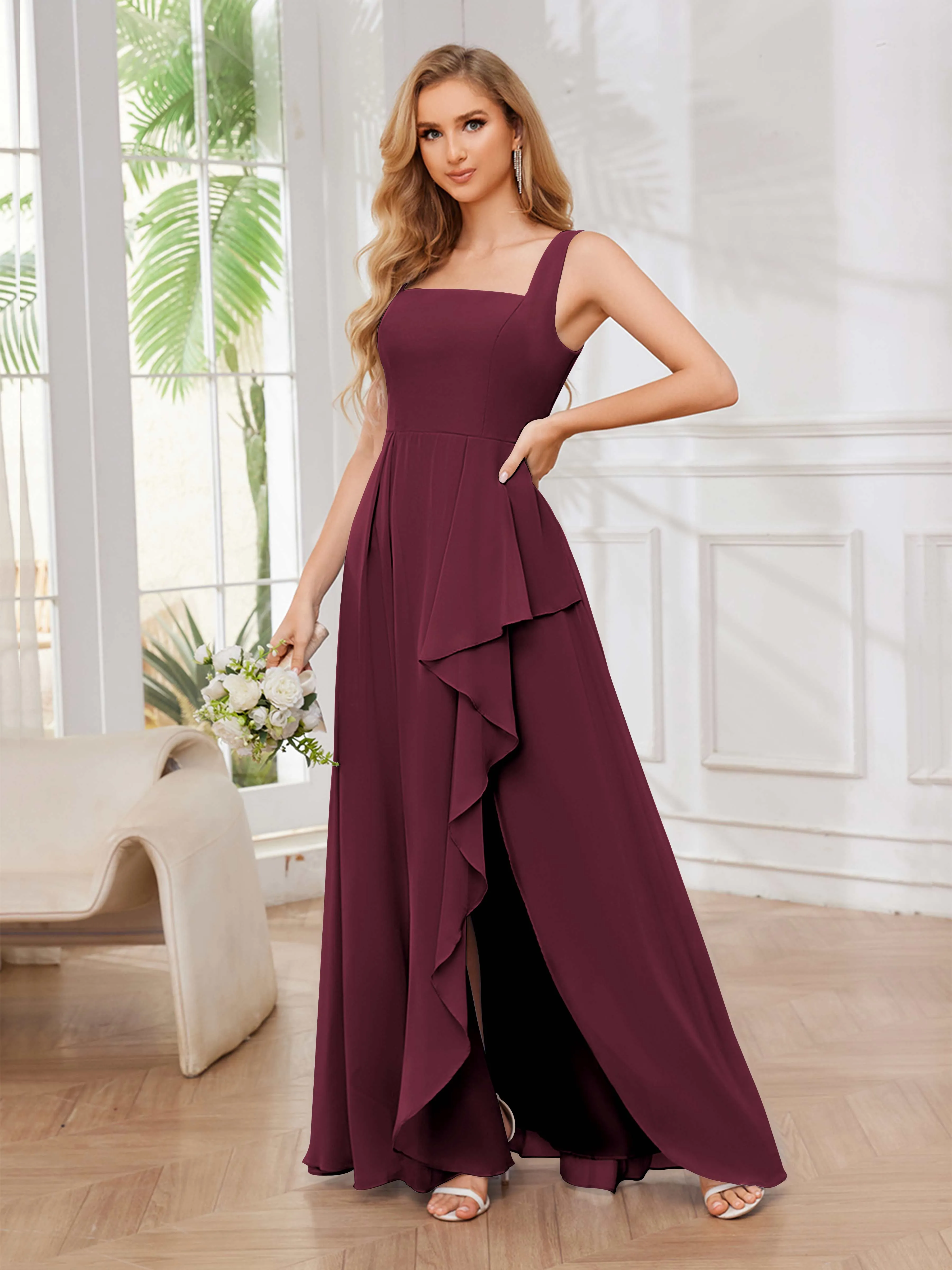 Chelsea Flowing A-Line Square Slit Long Chiffon Bridesmaid Dresses