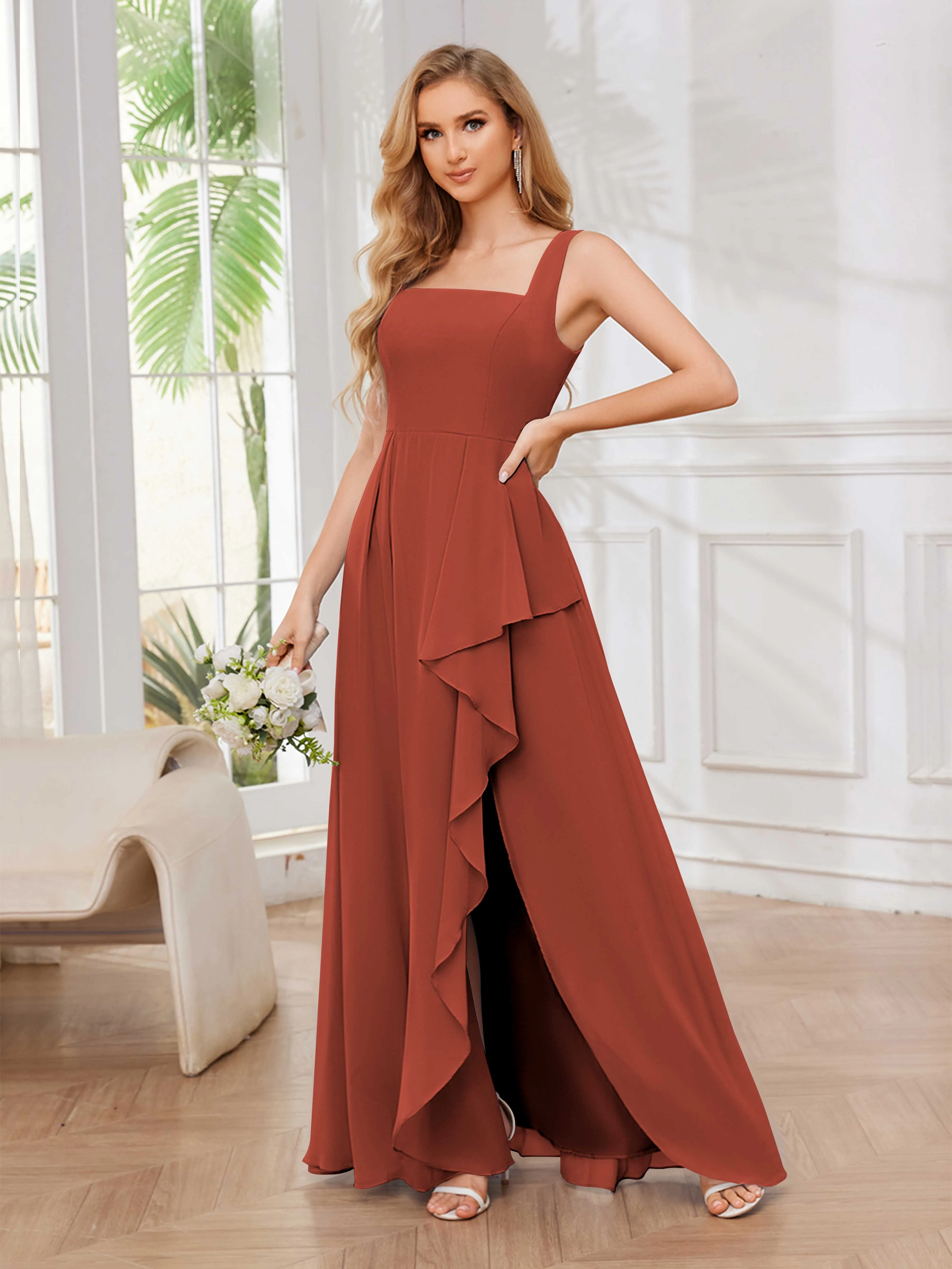 Chelsea Flowing A-Line Square Slit Long Chiffon Bridesmaid Dresses