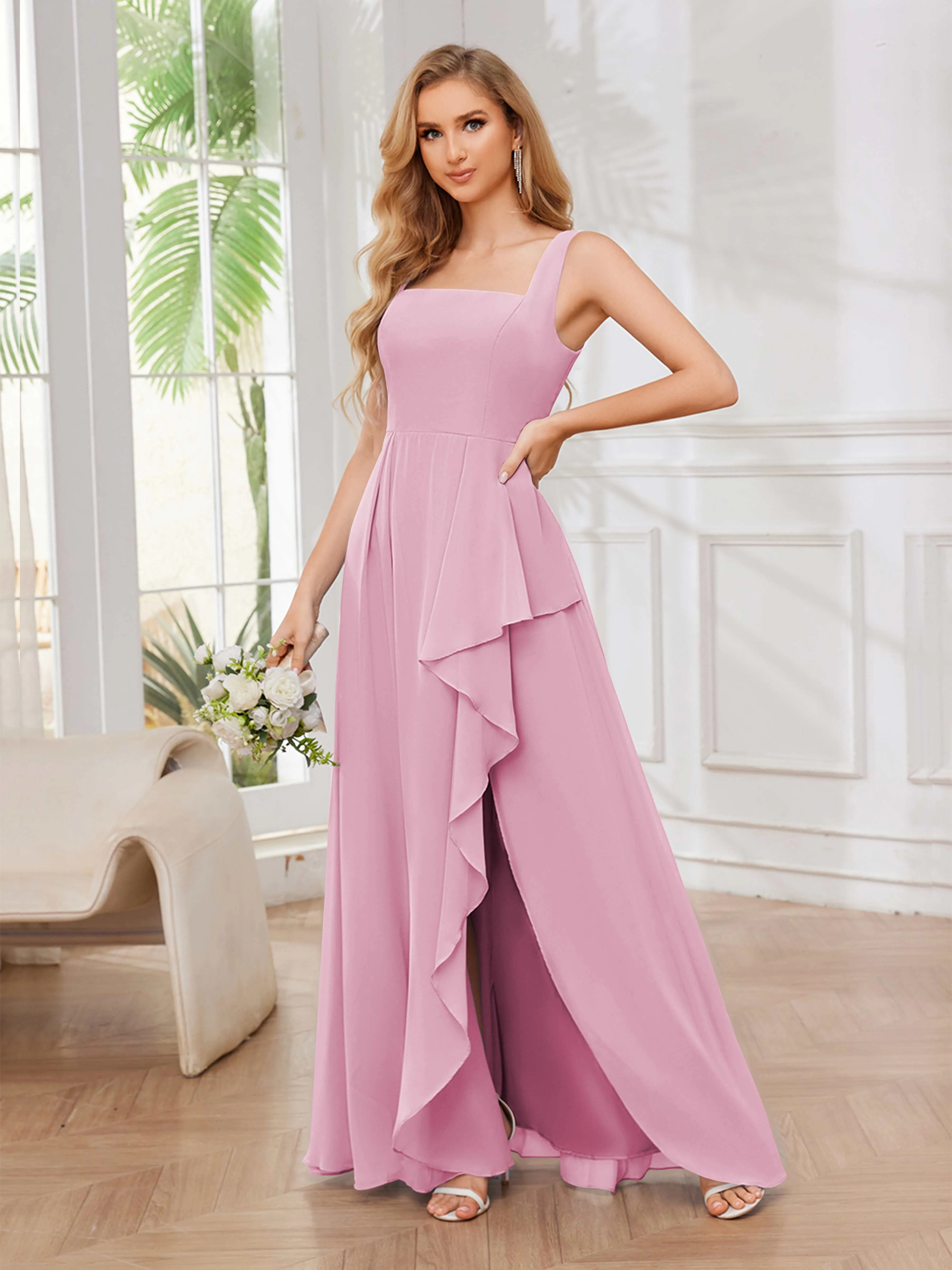 Chelsea Flowing A-Line Square Slit Long Chiffon Bridesmaid Dresses