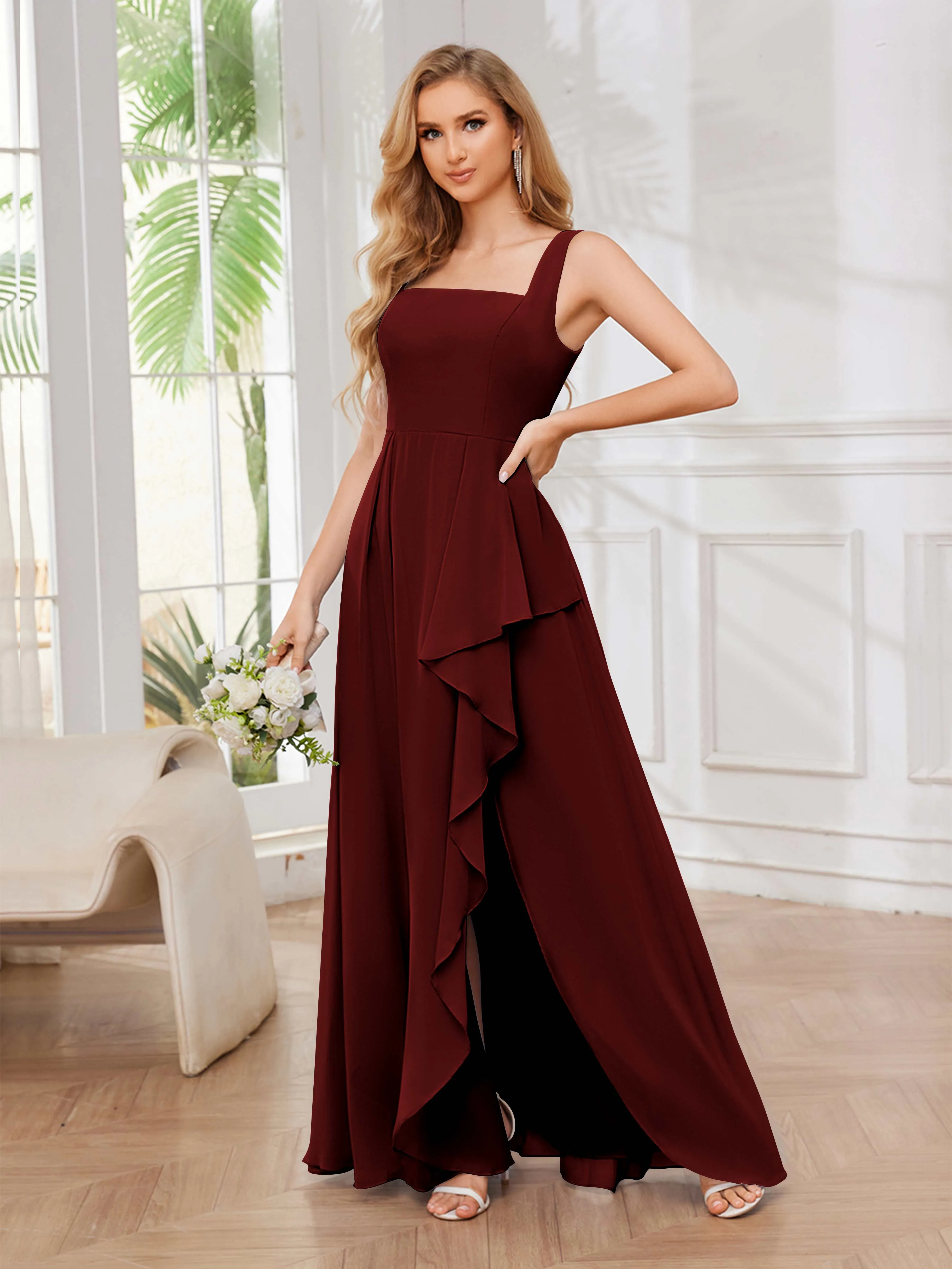 Chelsea Flowing A-Line Square Slit Long Chiffon Bridesmaid Dresses