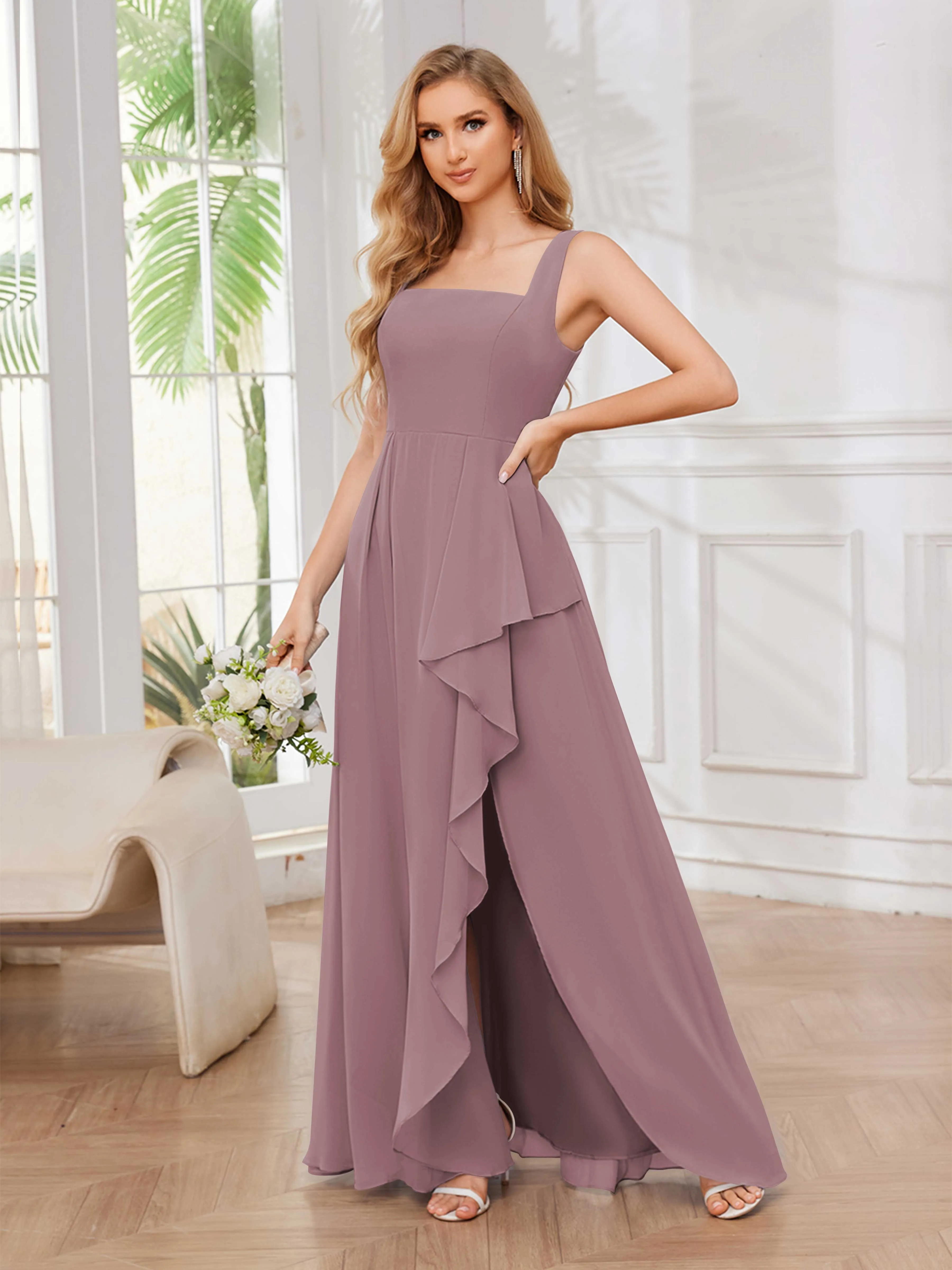 Chelsea Flowing A-Line Square Slit Long Chiffon Bridesmaid Dresses